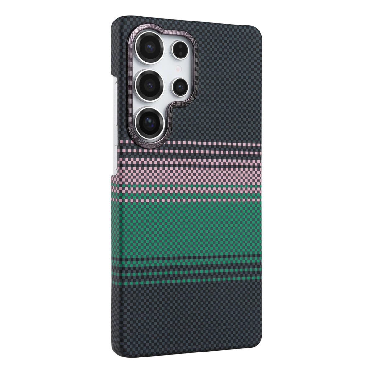 Kareli deseni, pembe ve yeşil çizgili koyu gri telefon kılıfı.