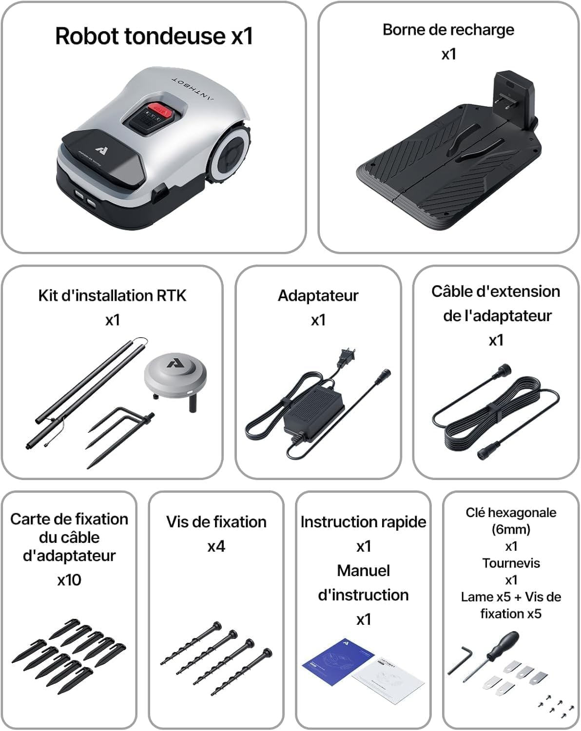 Robot koszący, stacja ładująca, zestaw RTK, adapter, kabel przedłużający, karty mocujące i śruby.