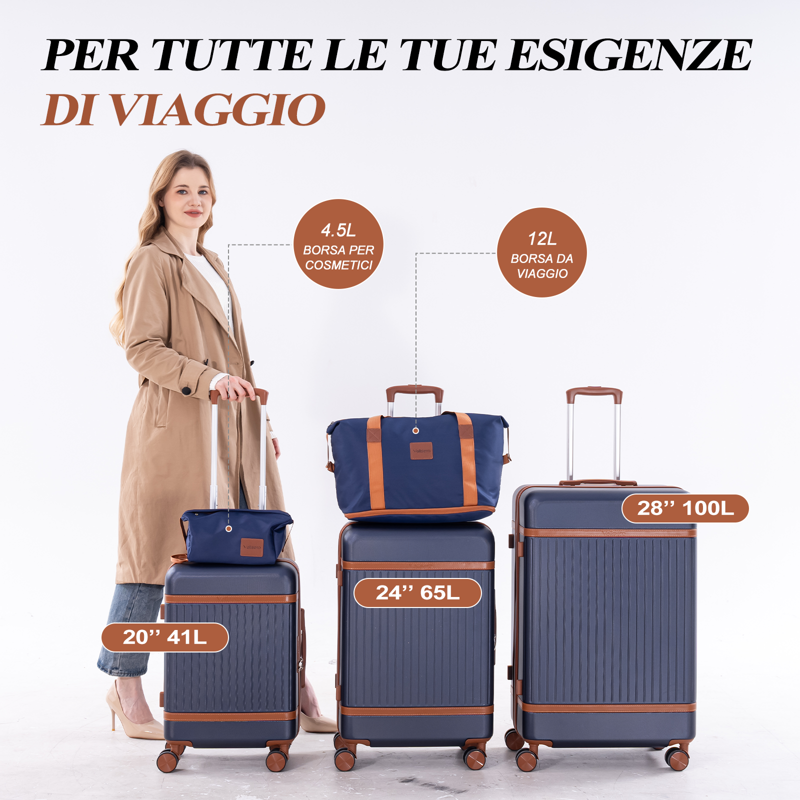 Donna con tre valigie blu e borsoni da viaggio di varie dimensioni.