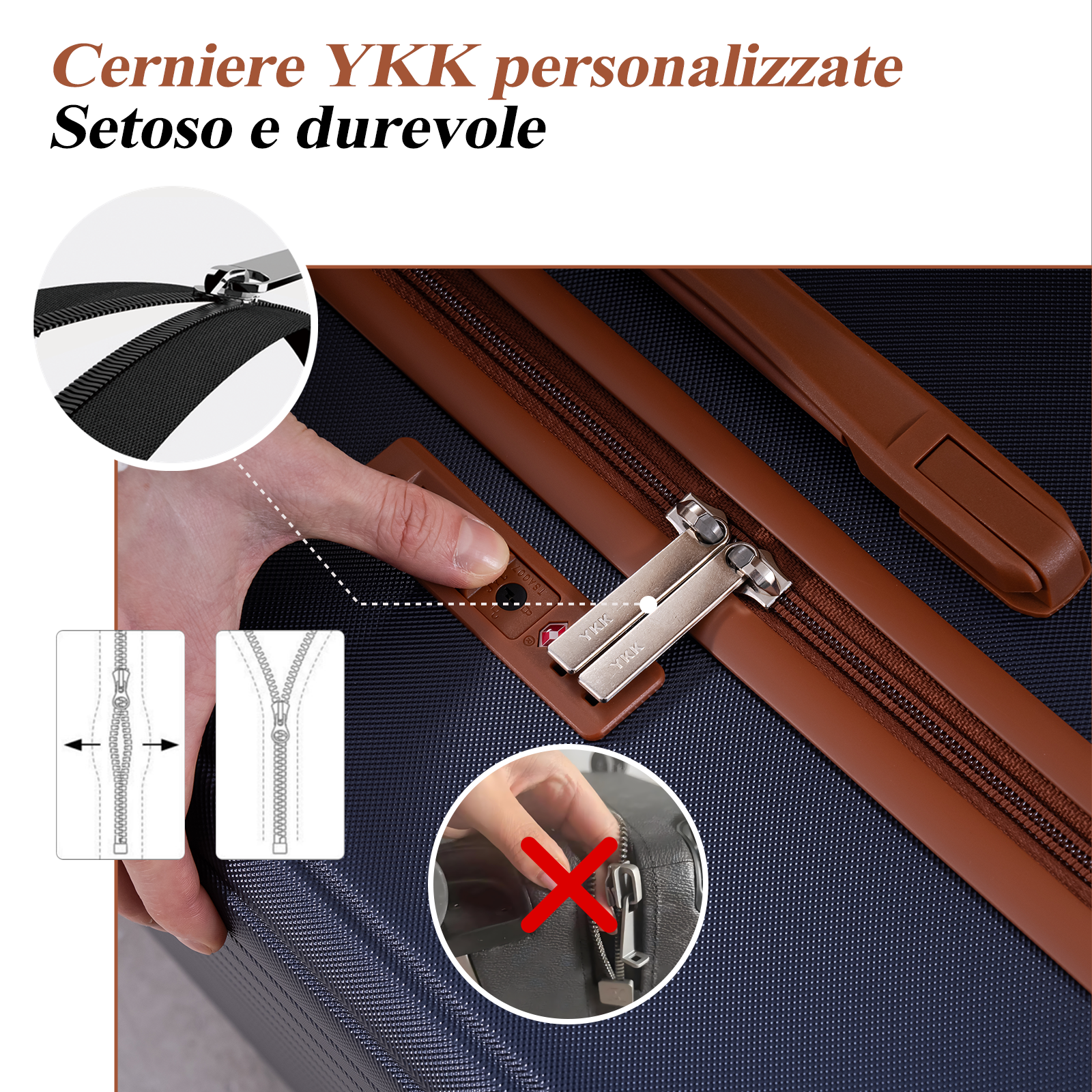 Primo piano di una valigia blu con finiture in pelle marrone e cerniere YKK.