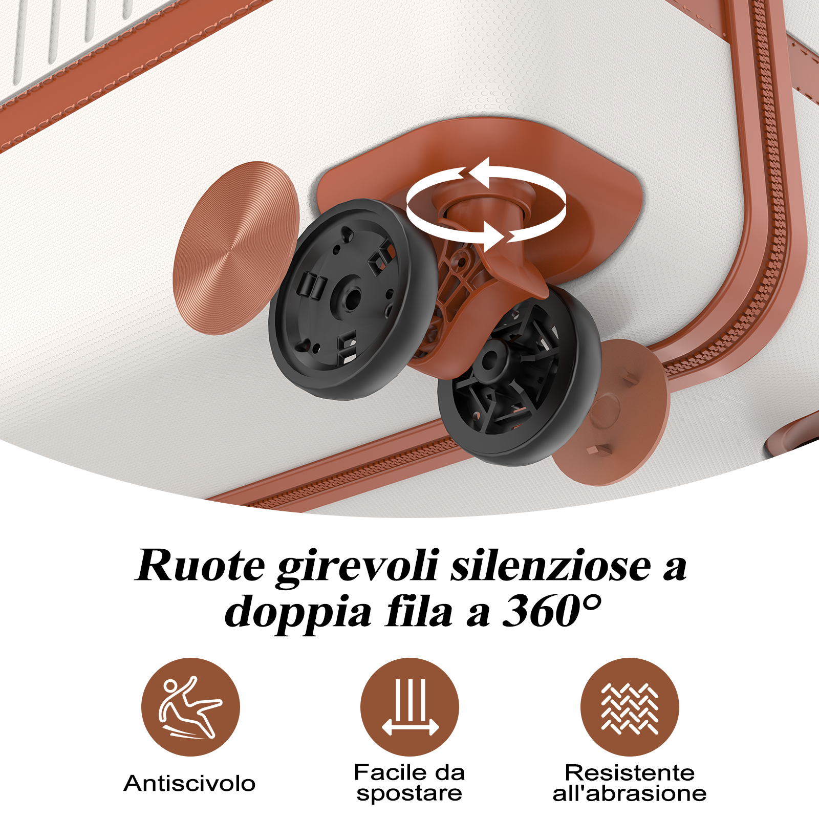 Ruote girevoli 360°, doppia fila, antiscivolo, facili da spostare, resistenti.
