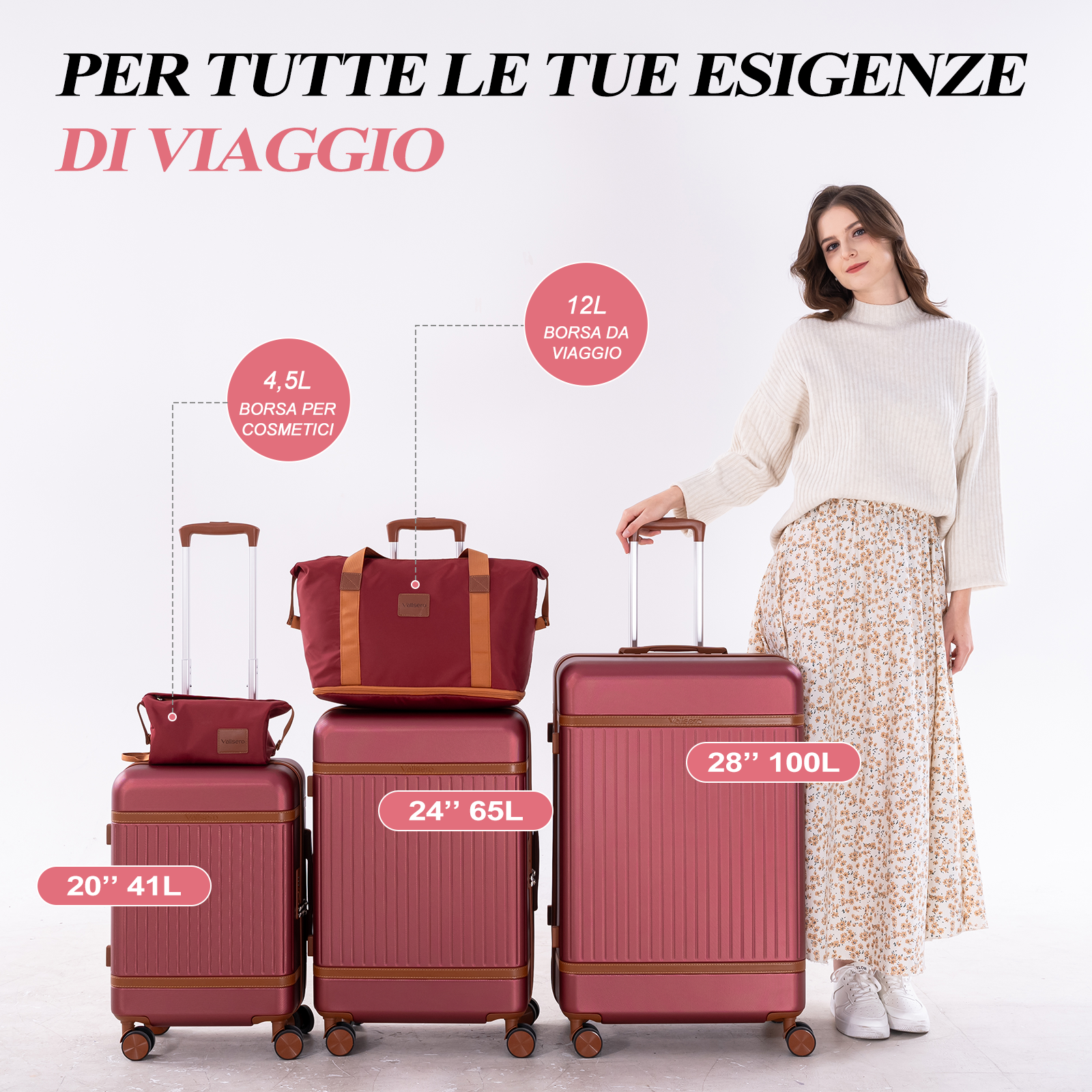 Una donna posa accanto a quattro valigie rosse di diverse dimensioni.