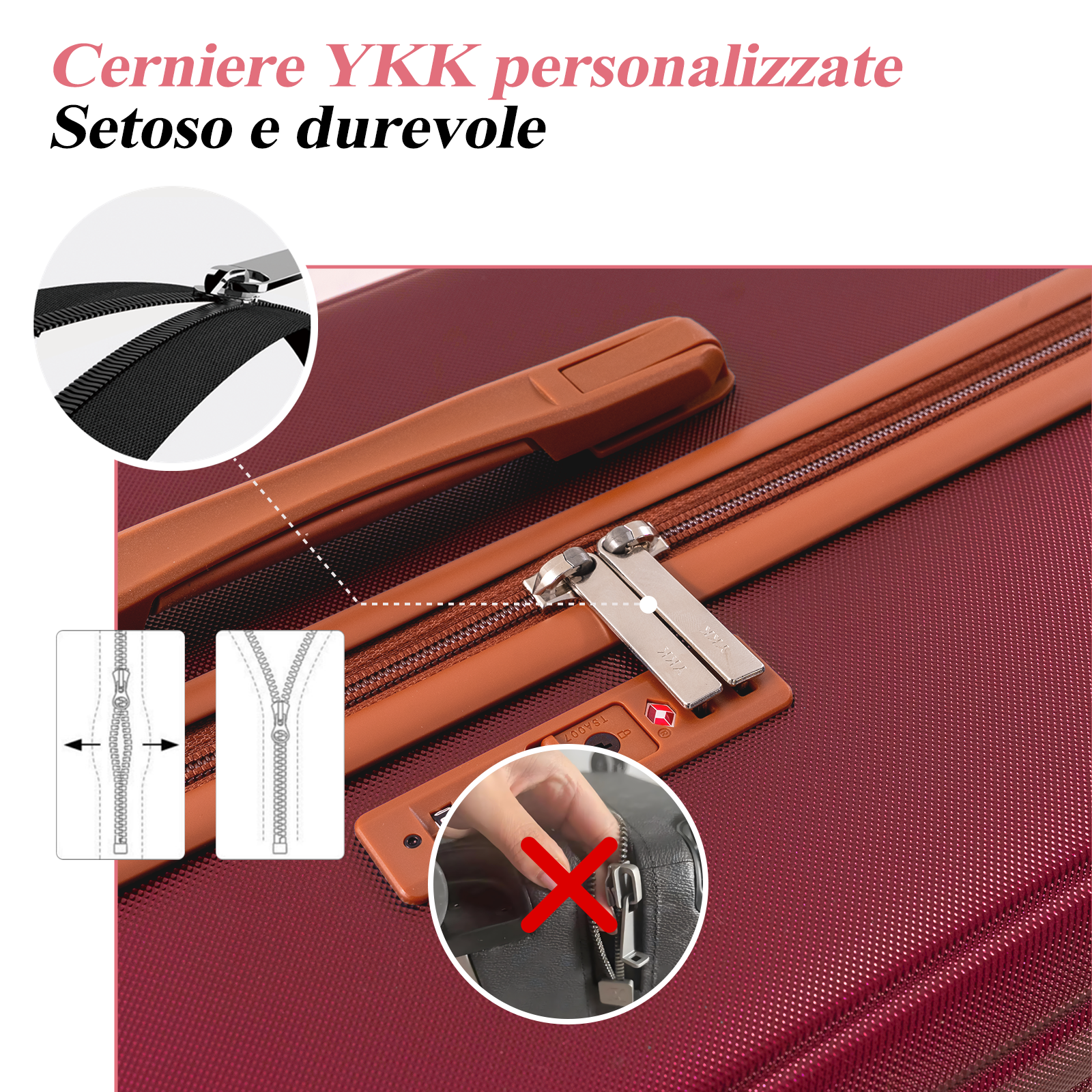 Superficie di valigia rossa con manici marroni e dettagli cerniera YKK.