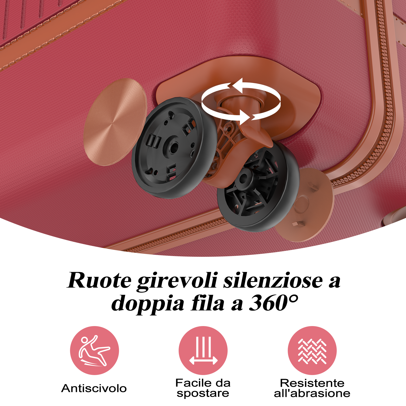 Primo piano di una ruota di valigia rossa con rotazione a 360°. Antiscivolo, facile da spostare.