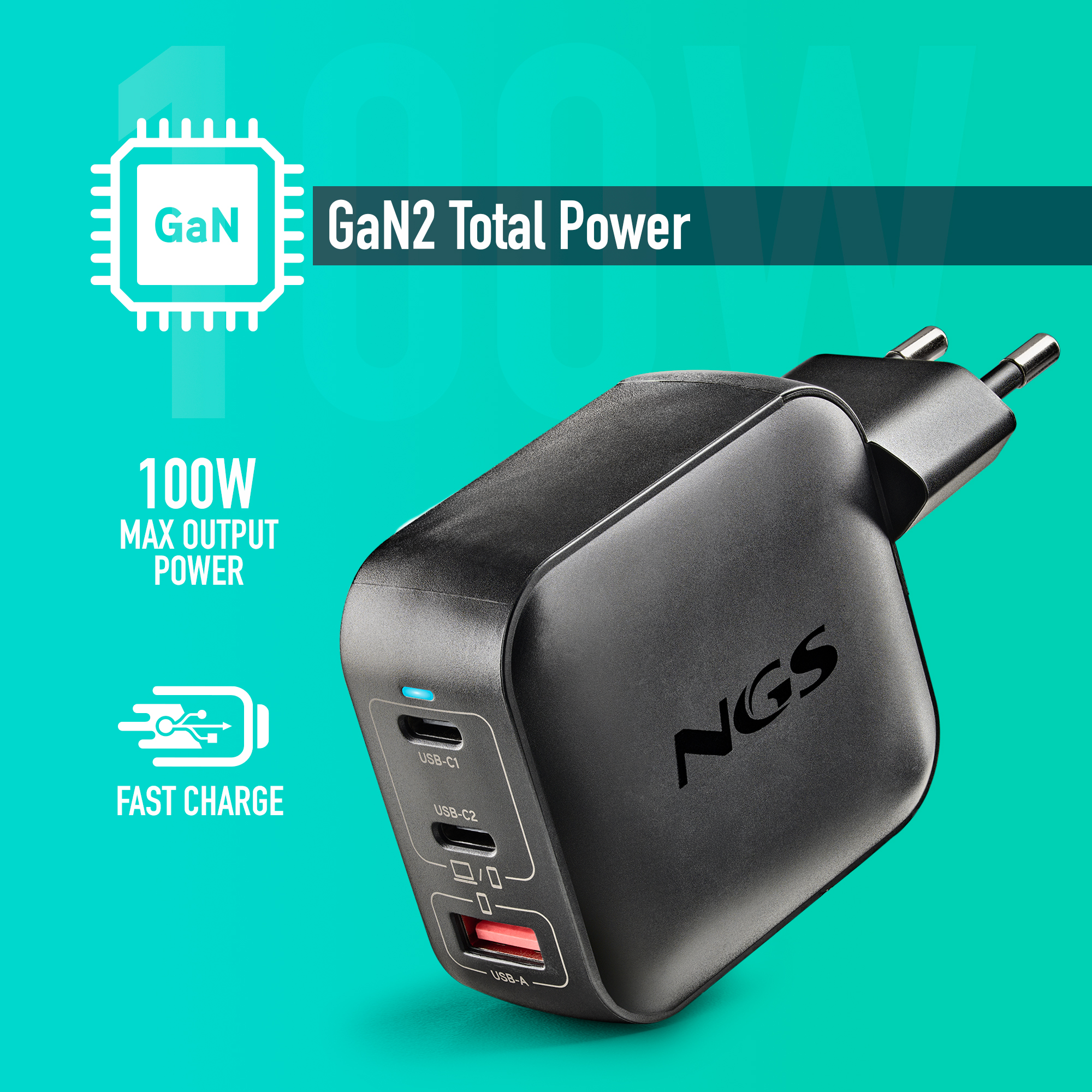 Cargador NGS negro de 100W, 2x USB-C, 1x USB-A, sobre fondo turquesa.