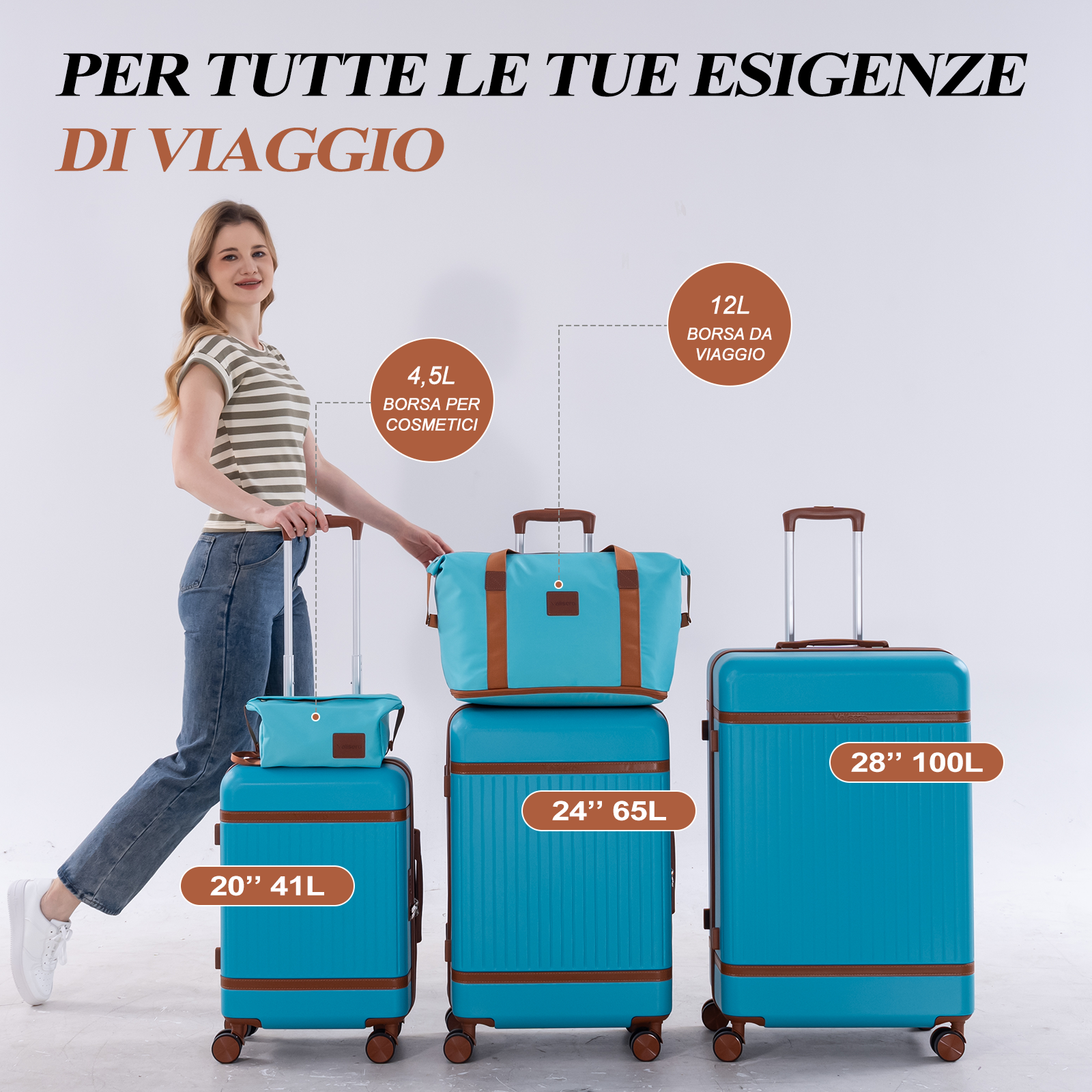 Una donna è in piedi vicino a tre valigie blu e una borsa da viaggio.