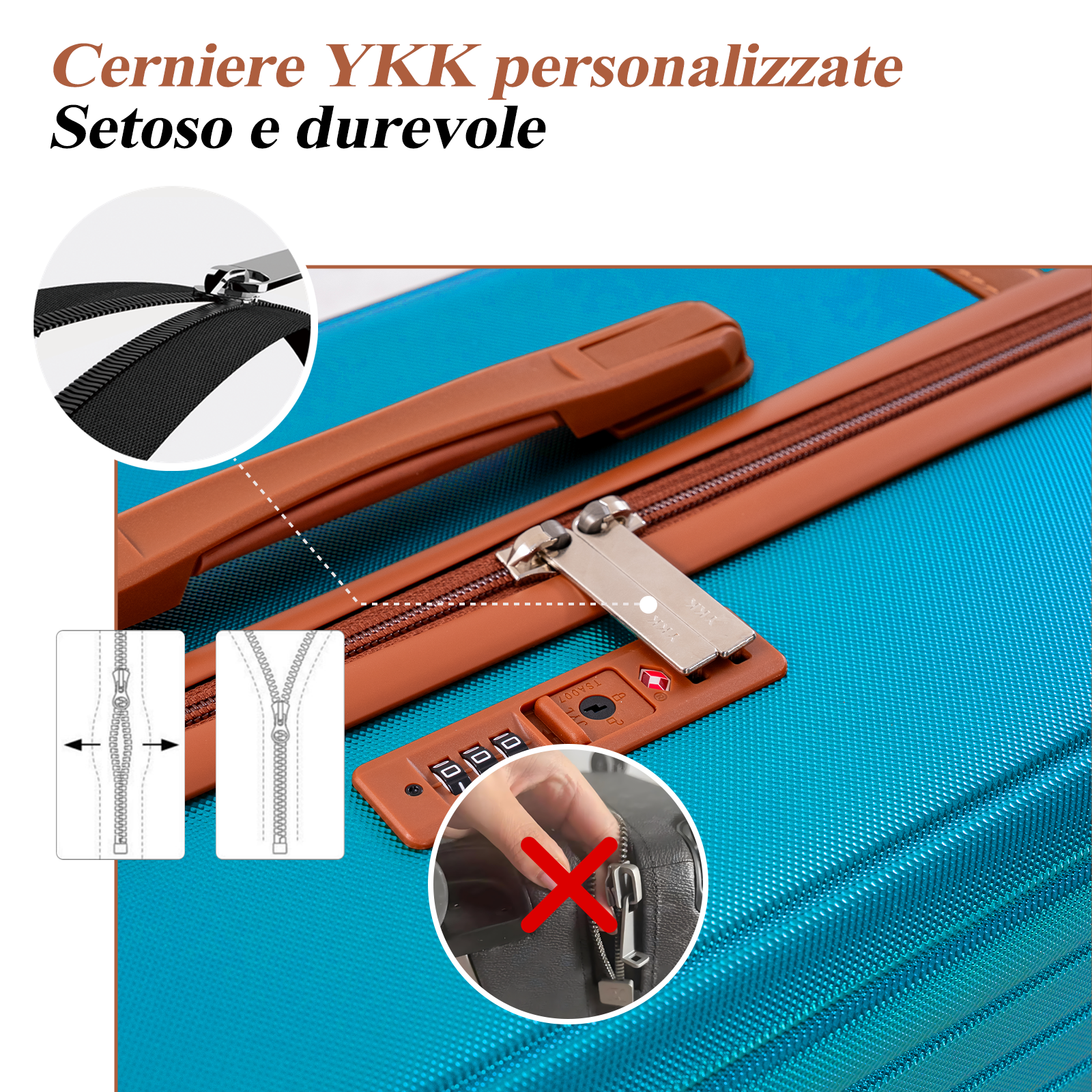 Valigia turchese con dettagli in pelle marrone e cerniera YKK. Primo piano del meccanismo della cerniera.