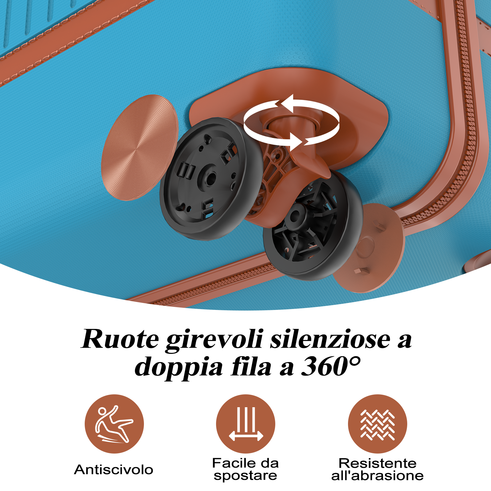 Dettaglio valigia blu con ruota e zip marroni. Icone per presa.