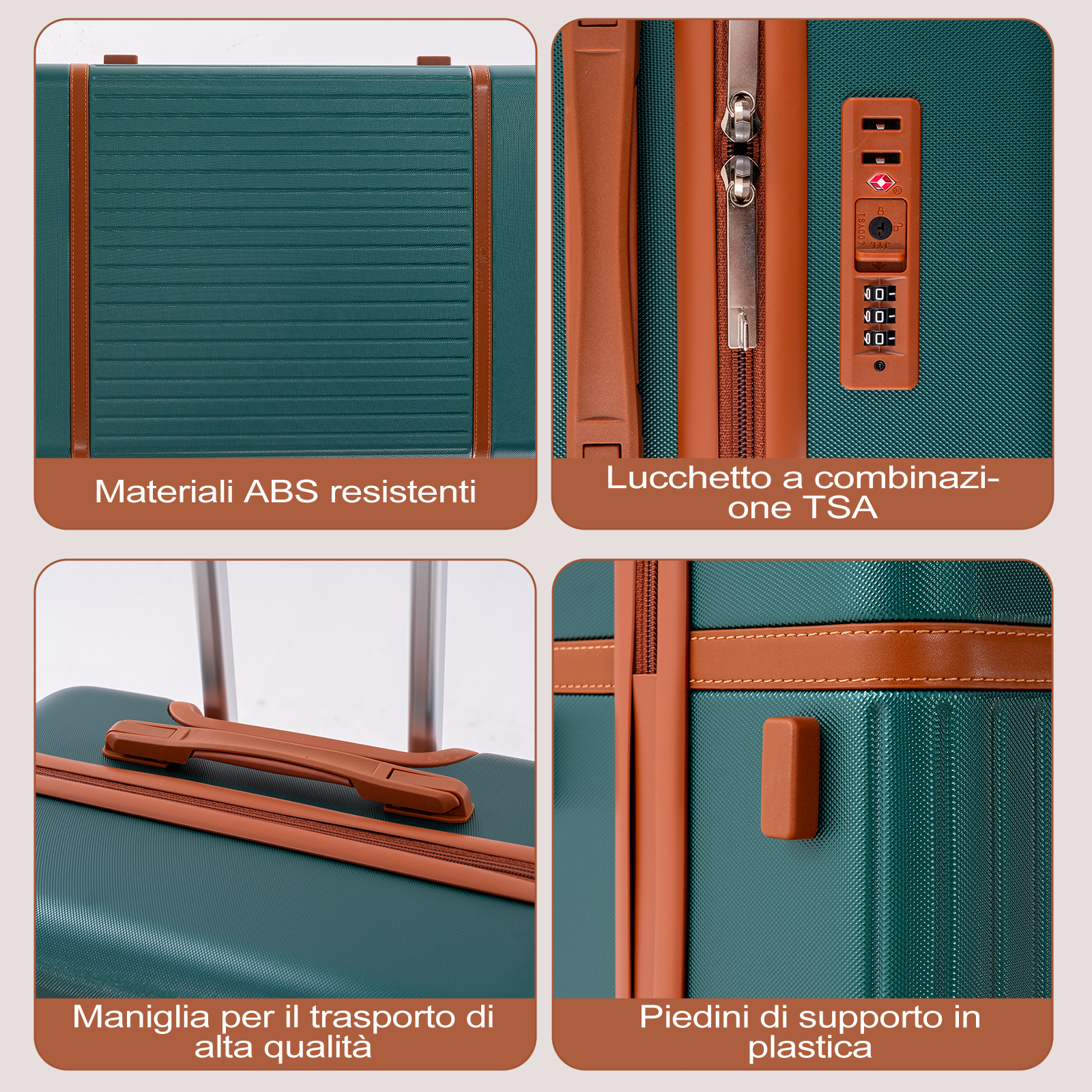 Valigia verde con dettagli marroni: materiale ABS, lucchetto TSA, maniglia.