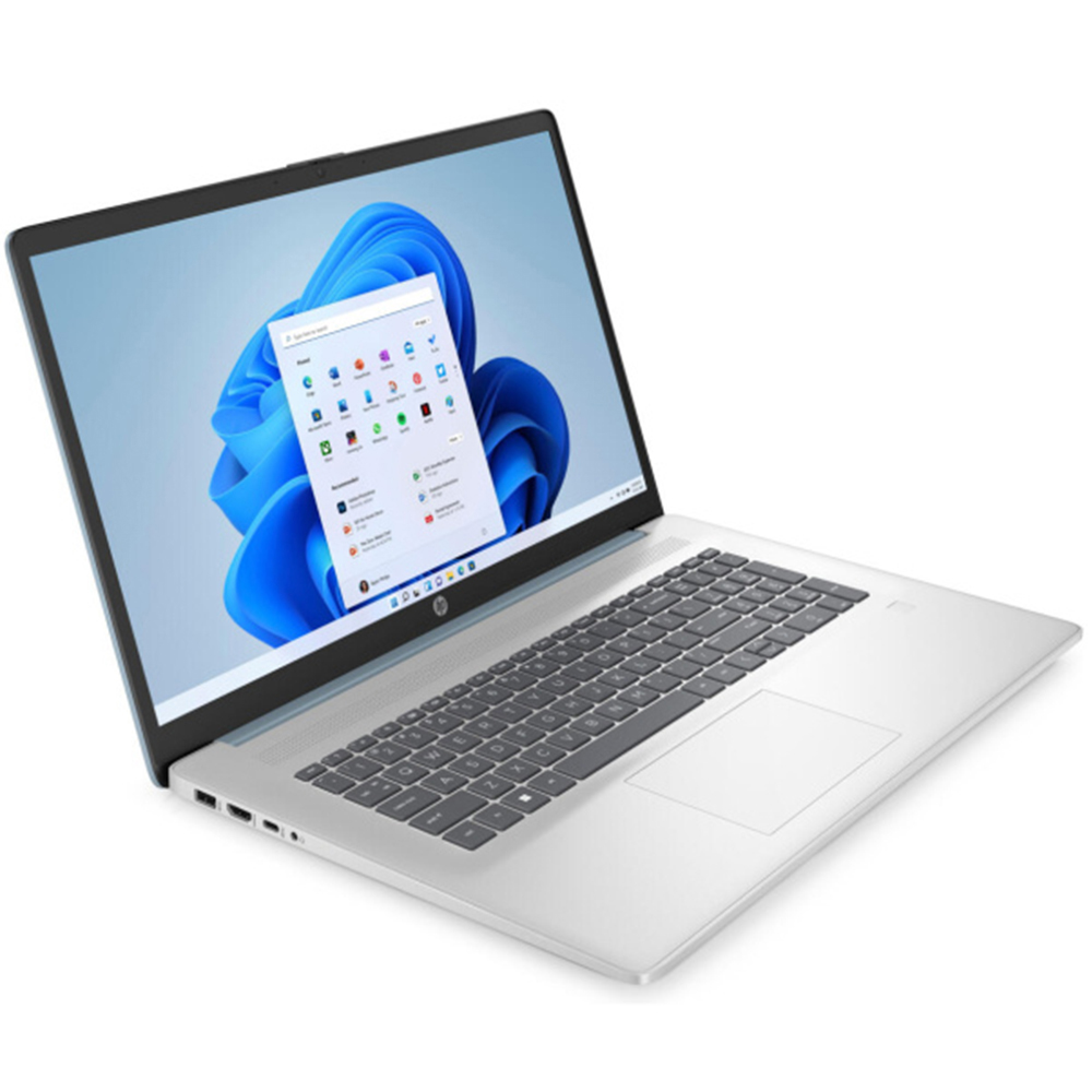 Srebrny laptop HP z dużym ekranem wyświetlającym ikony systemu Windows 11 i niebieską tapetę abstrakcyjną.