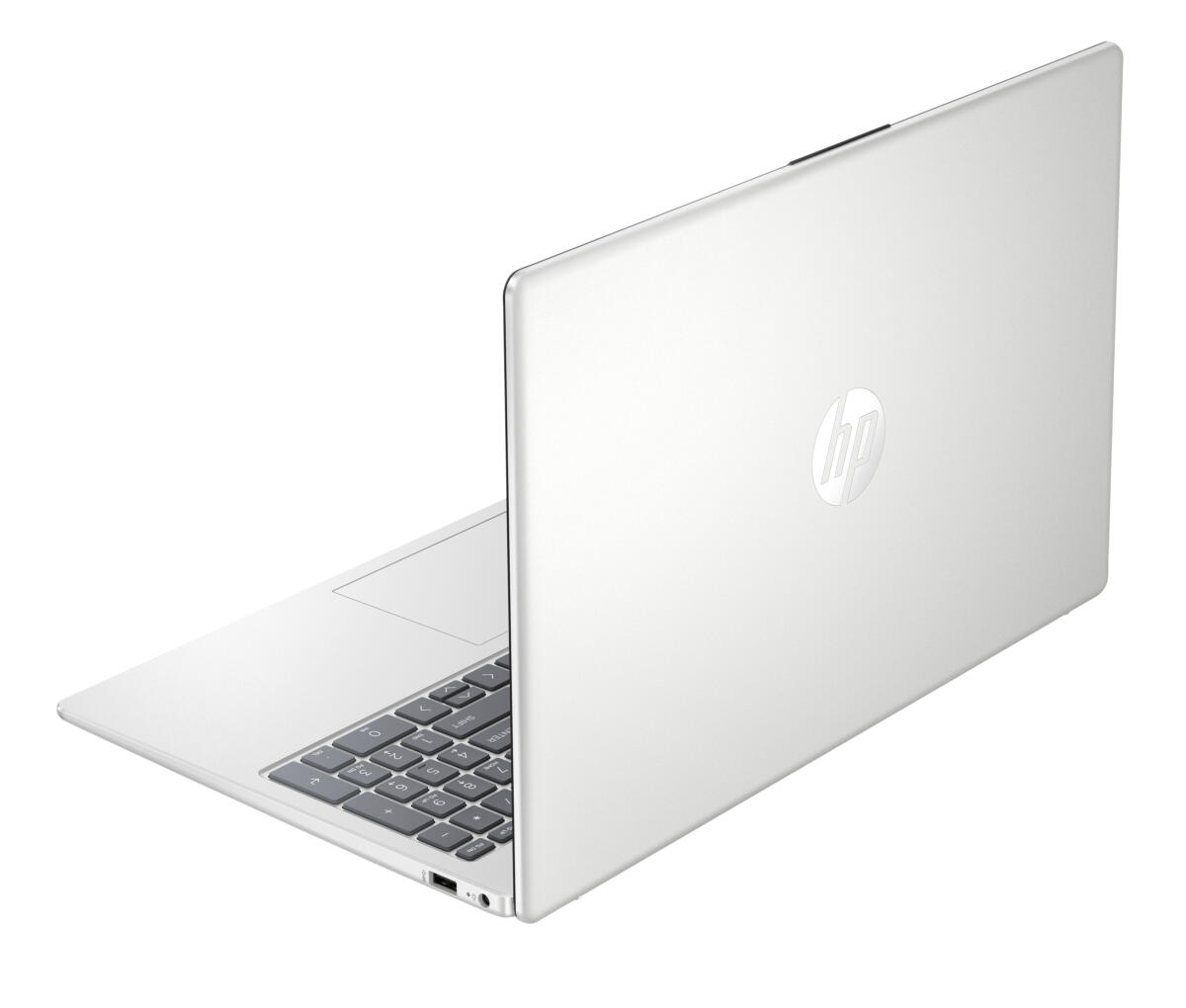 Zamknięty biały laptop z logo HP na pokrywie.