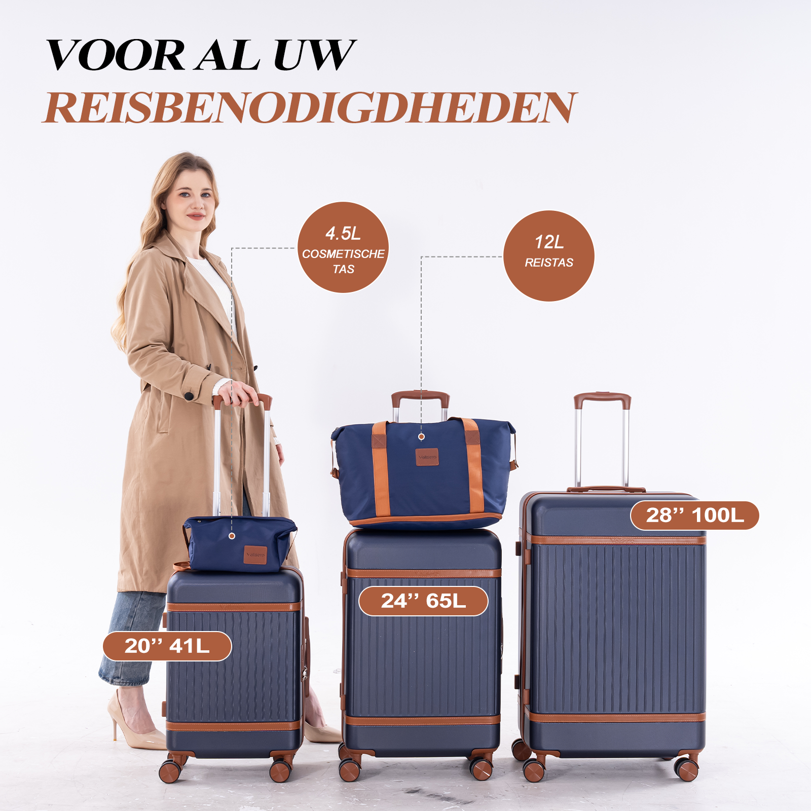 A woman stands next to dark blue suitcases and travel bags in various sizes.