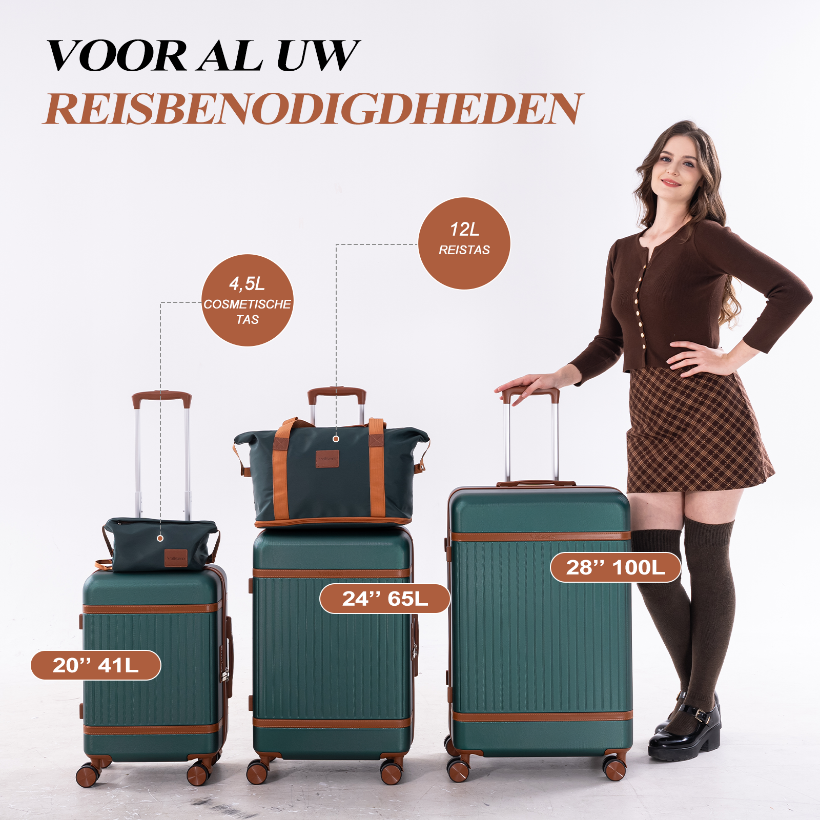 A woman stands by three green suitcases of different sizes. A smaller suitcase has a cosmetic bag.