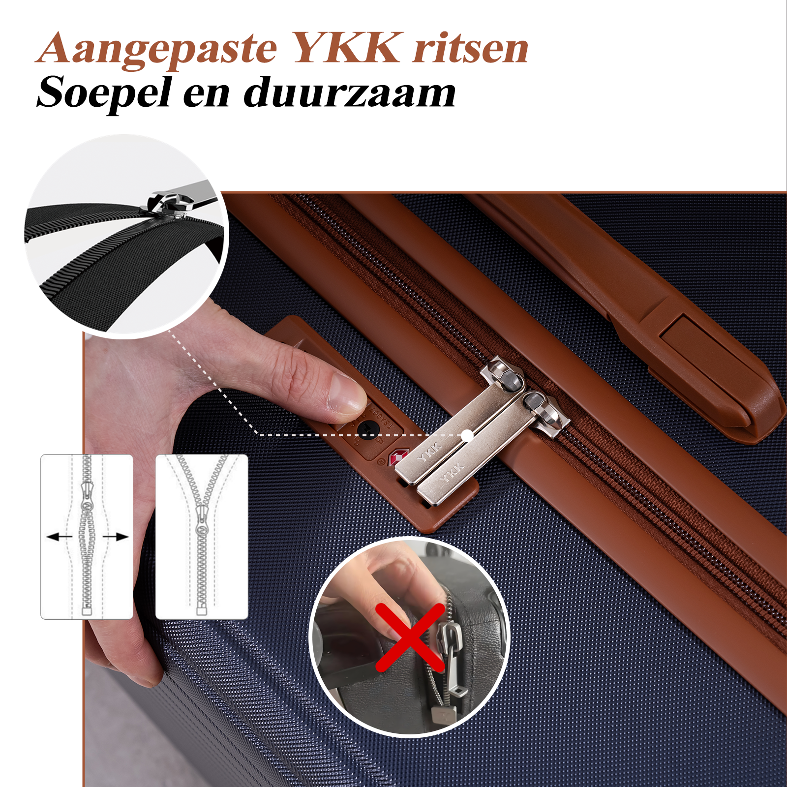 Close-up of a suitcase with brown leather accents and YKK zippers.