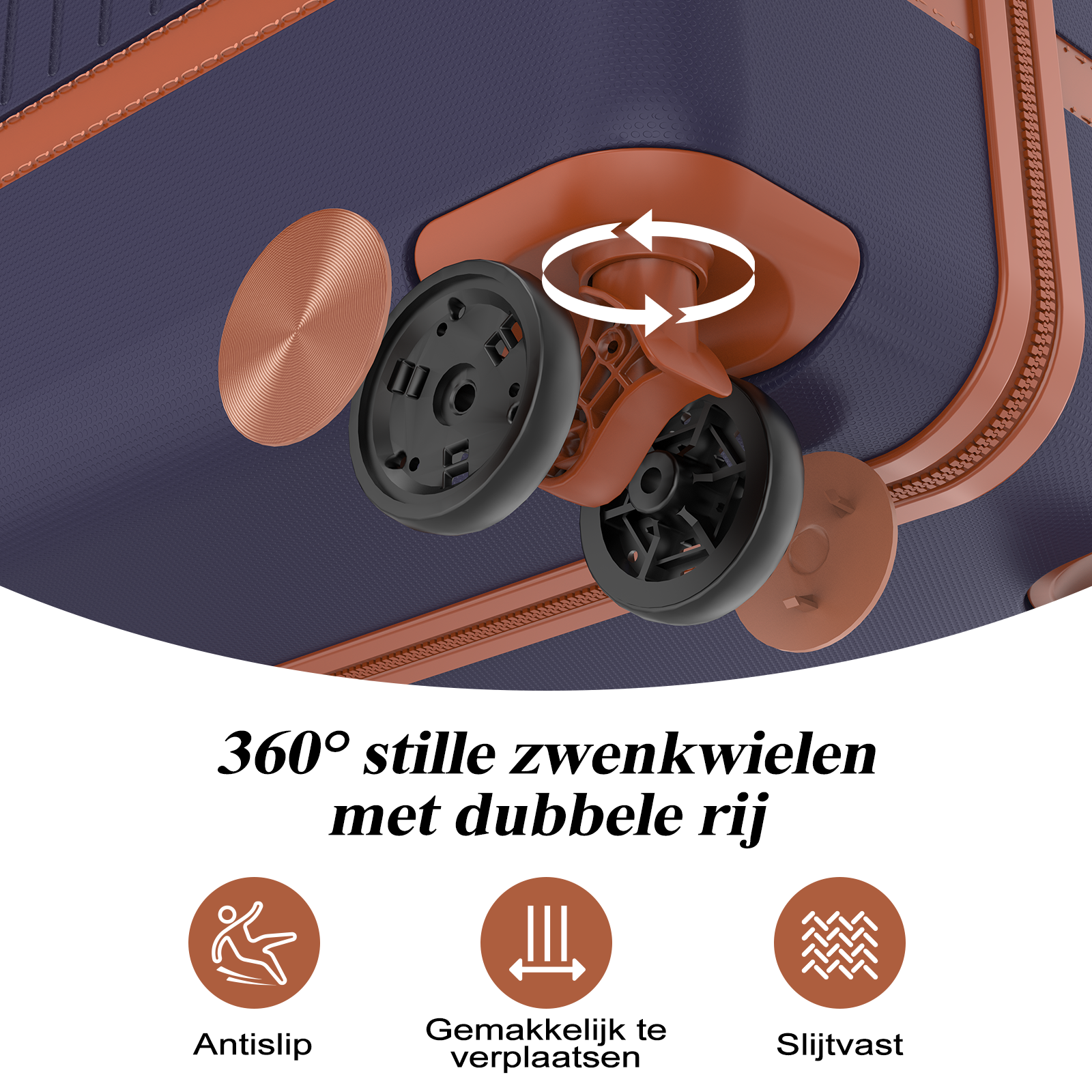 Close-up of suitcase wheels with 360-degree rotation.