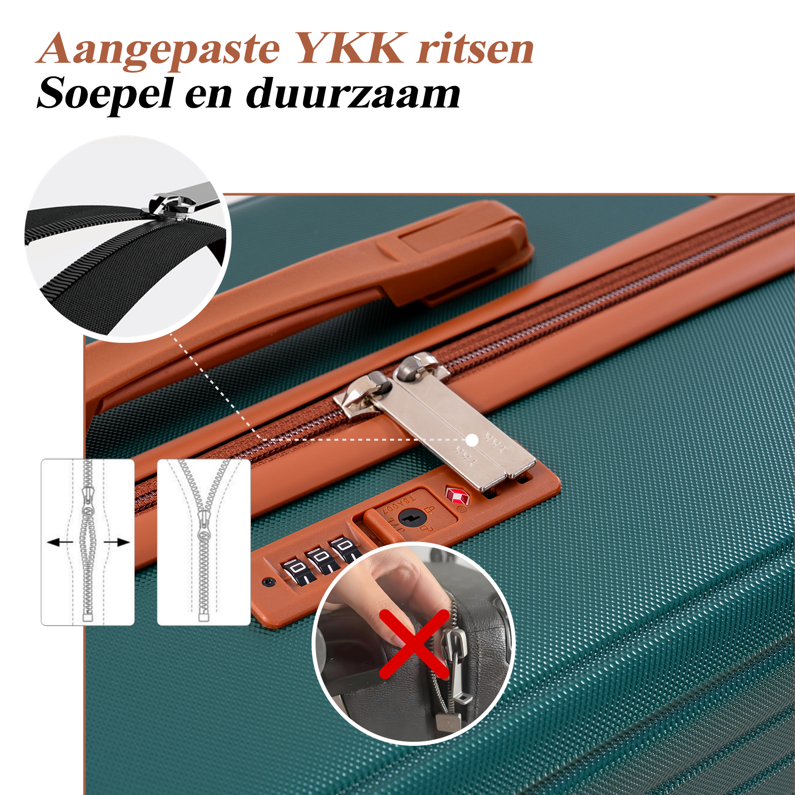 Close-up of a green suitcase with brown accents, showing zipper details and TSA lock.
