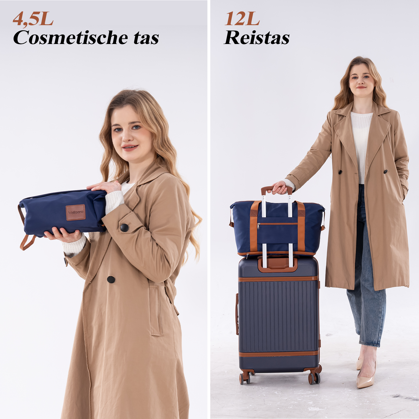 Woman holding a cosmetic bag and luggage. Dark blue with brown accents.