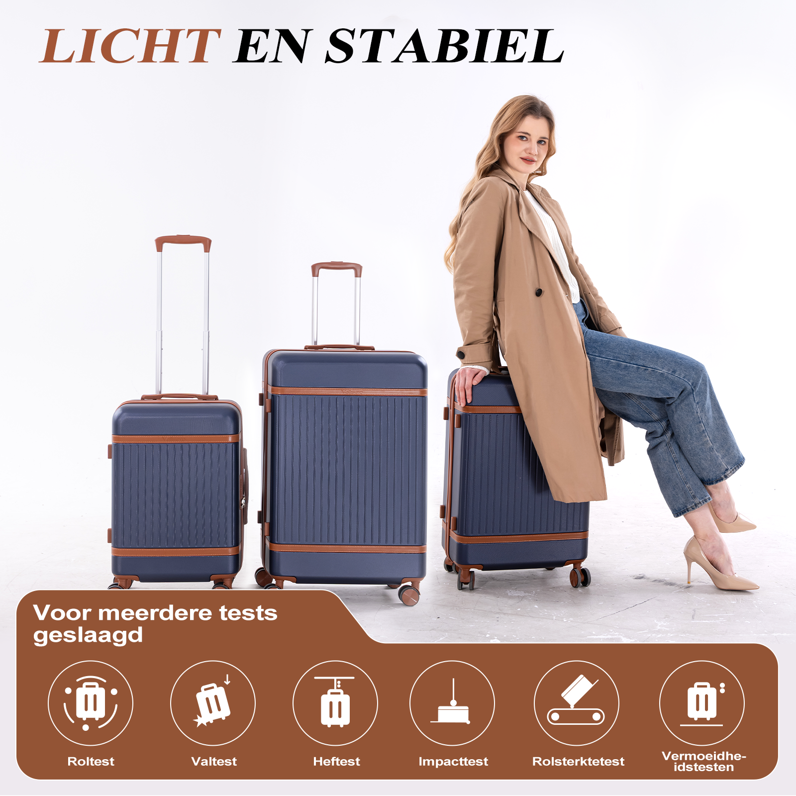 A woman sits on a blue suitcase. Three suitcases stand beside her.