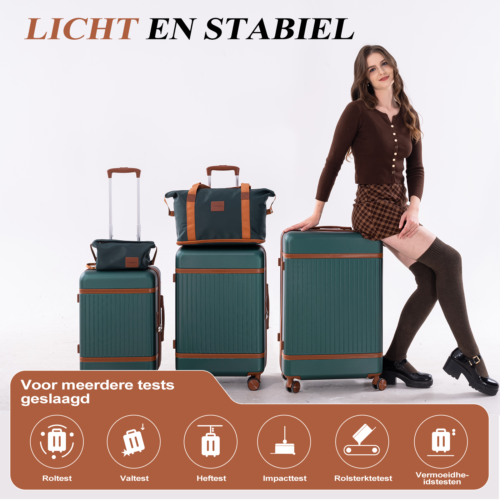 A woman sits on a green suitcase. Several suitcases are beside her.
