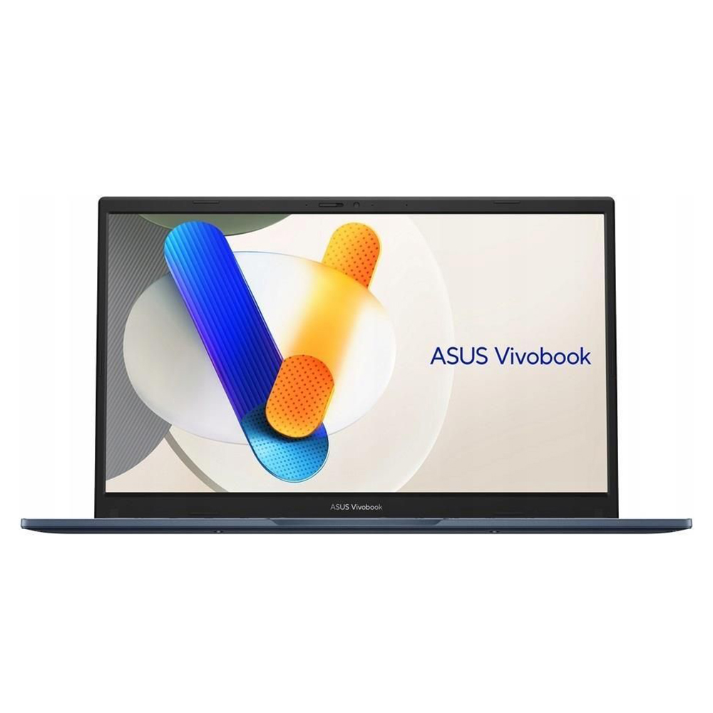 Niebieski laptop Asus Vivobook z abstrakcyjnym tłem i kolorowymi kształtami na ekranie.