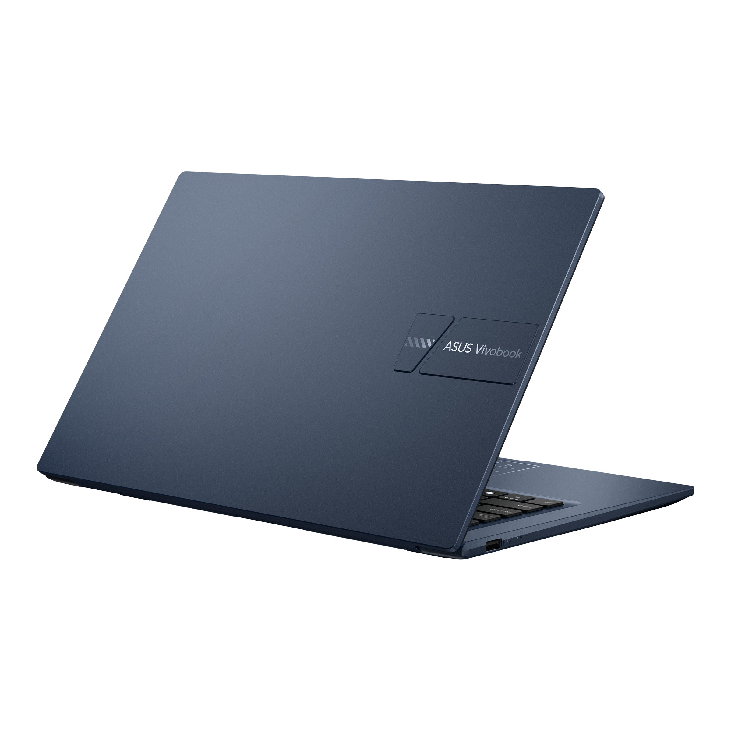 Niebieski laptop Asus Vivobook otwarty na czarnym tle.