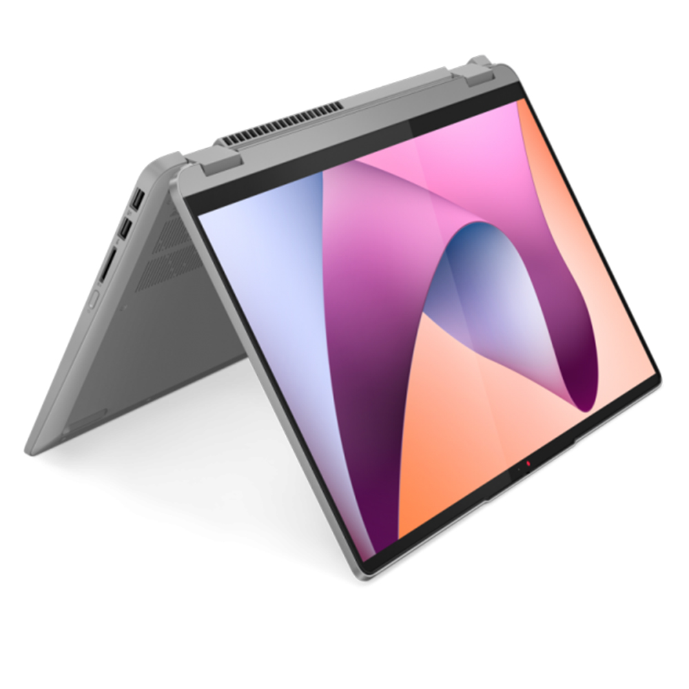 Szary laptop konwertowalny z otwartym ekranem, wyświetlający abstrakcyjny wzór.