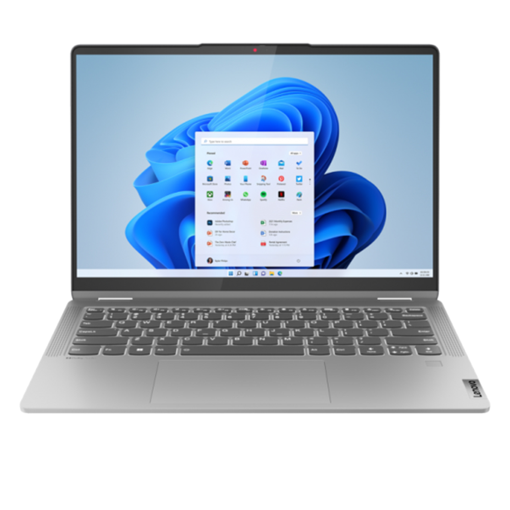 Srebrny laptop Lenovo wyświetla menu Start systemu Windows 11.