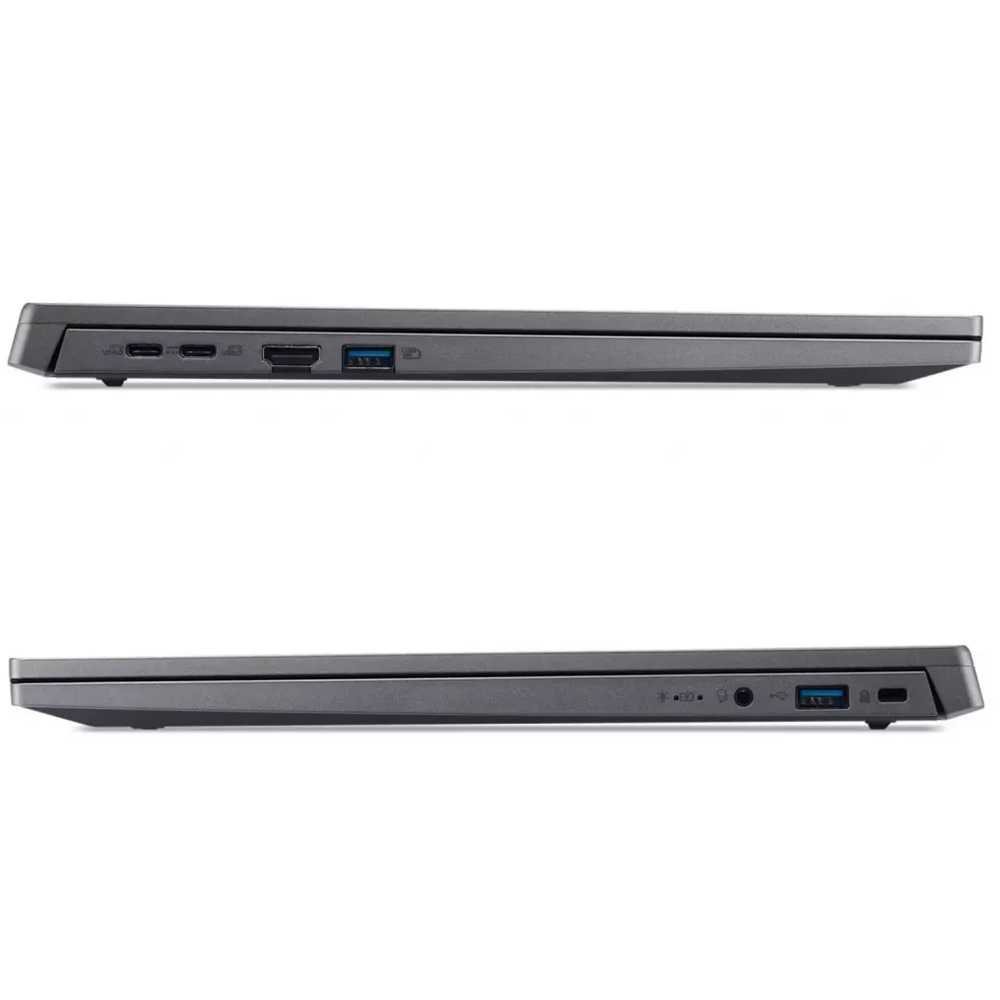 Góra: bok laptopa z USB-C, HDMI, USB-A. Dół: bok laptopa z USB-A, gniazdem audio.