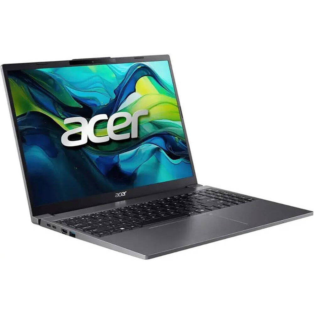 Szary laptop Acer z kolorową tapetą na ekranie.