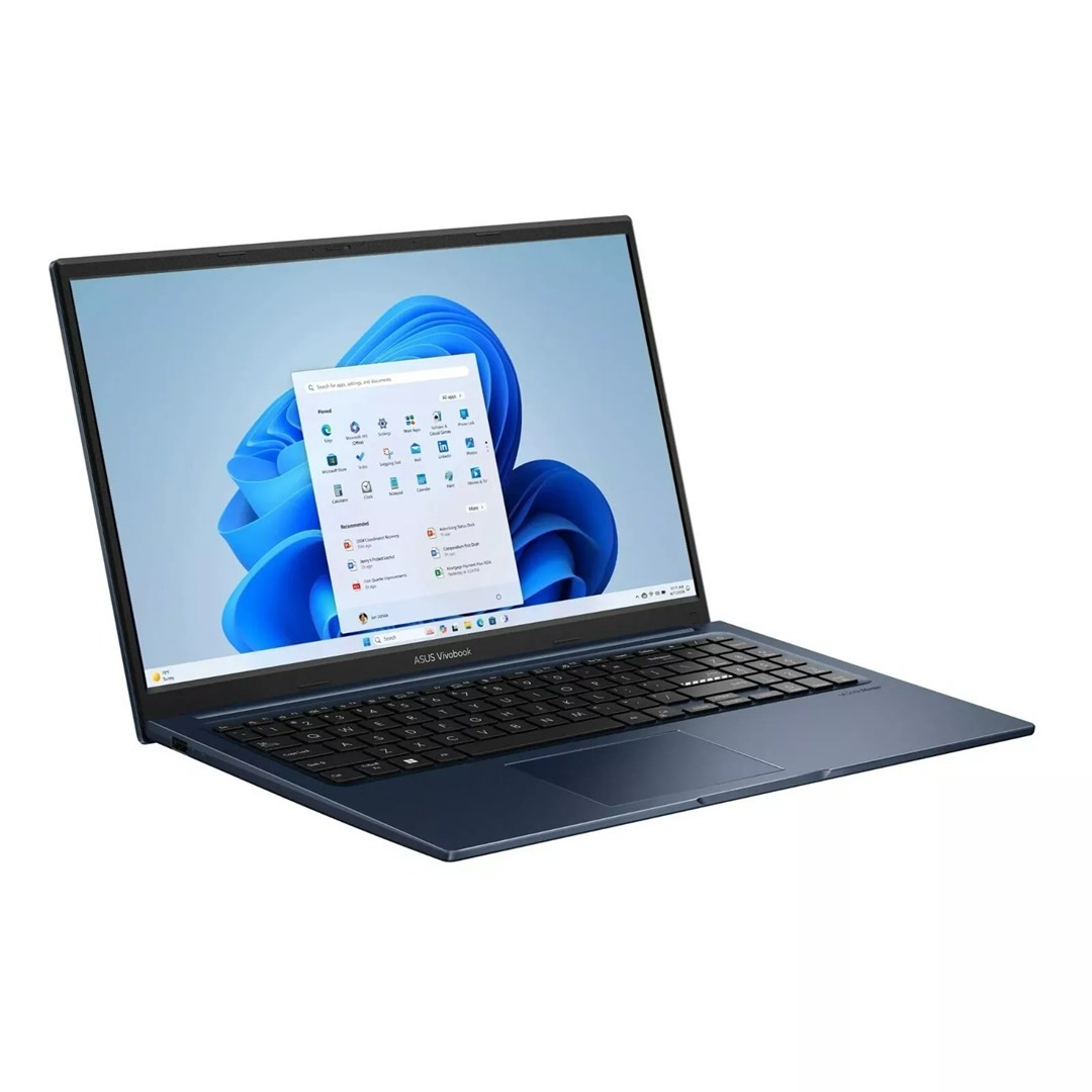 Otwarty, ciemnoniebieski laptop ASUS Vivobook wyświetlający system Windows 11.