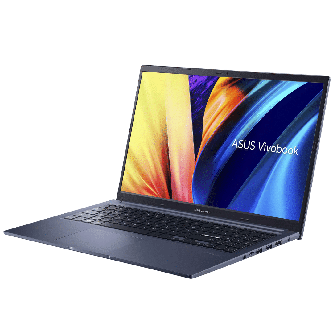 Otwarty, ciemnoniebieski laptop Asus Vivobook z kolorową tapetą na ekranie.