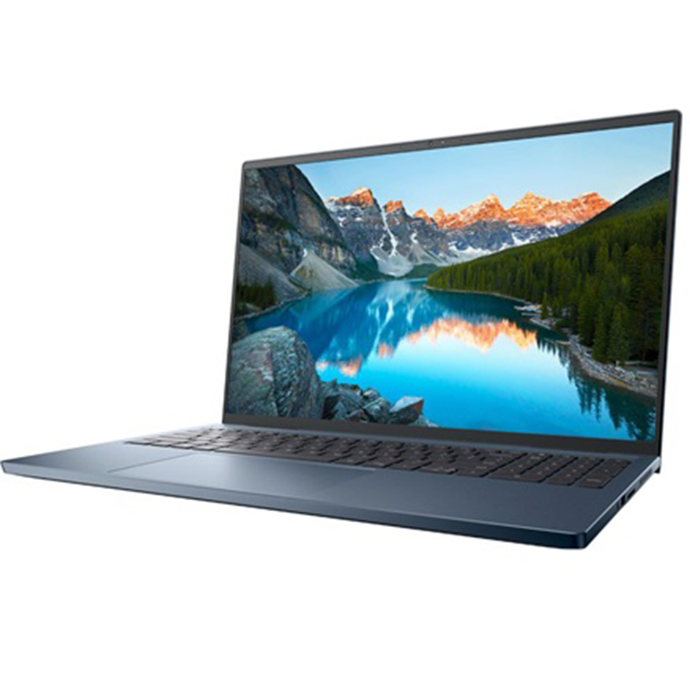 Niebieski laptop wyświetlający na ekranie krajobraz jeziora górskiego.