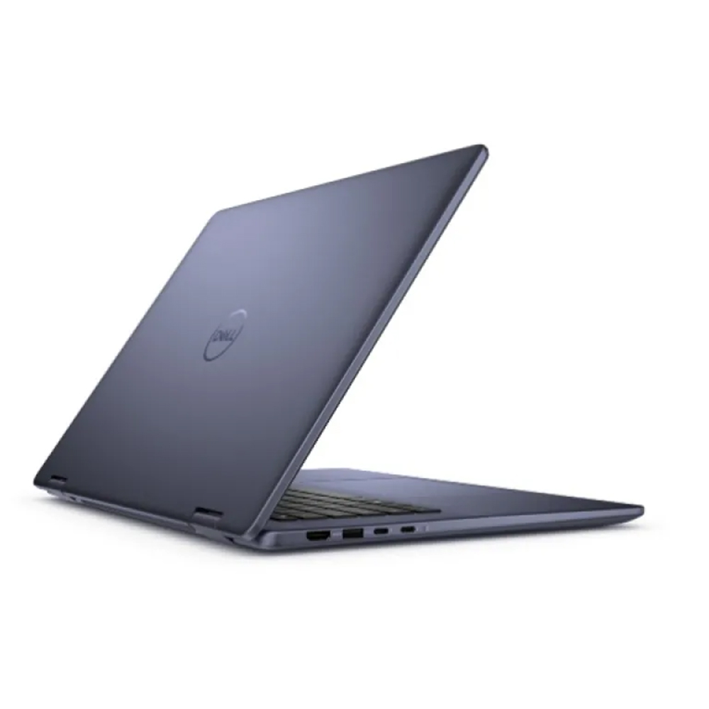 Zamknięty, granatowy laptop Dell z podświetlanym logo na pokrywie.