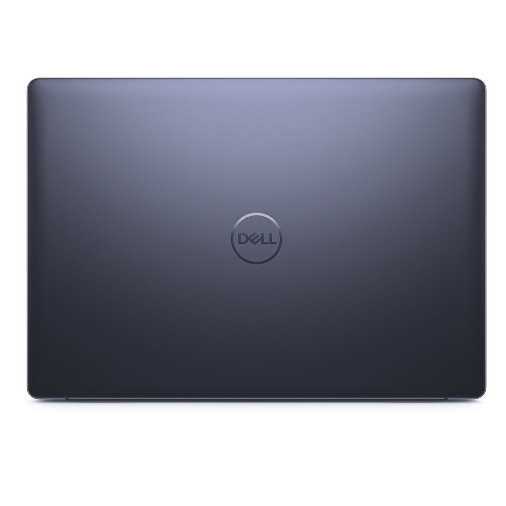 Zamknięty ciemnoszary laptop Dell ze srebrnym logo pośrodku.