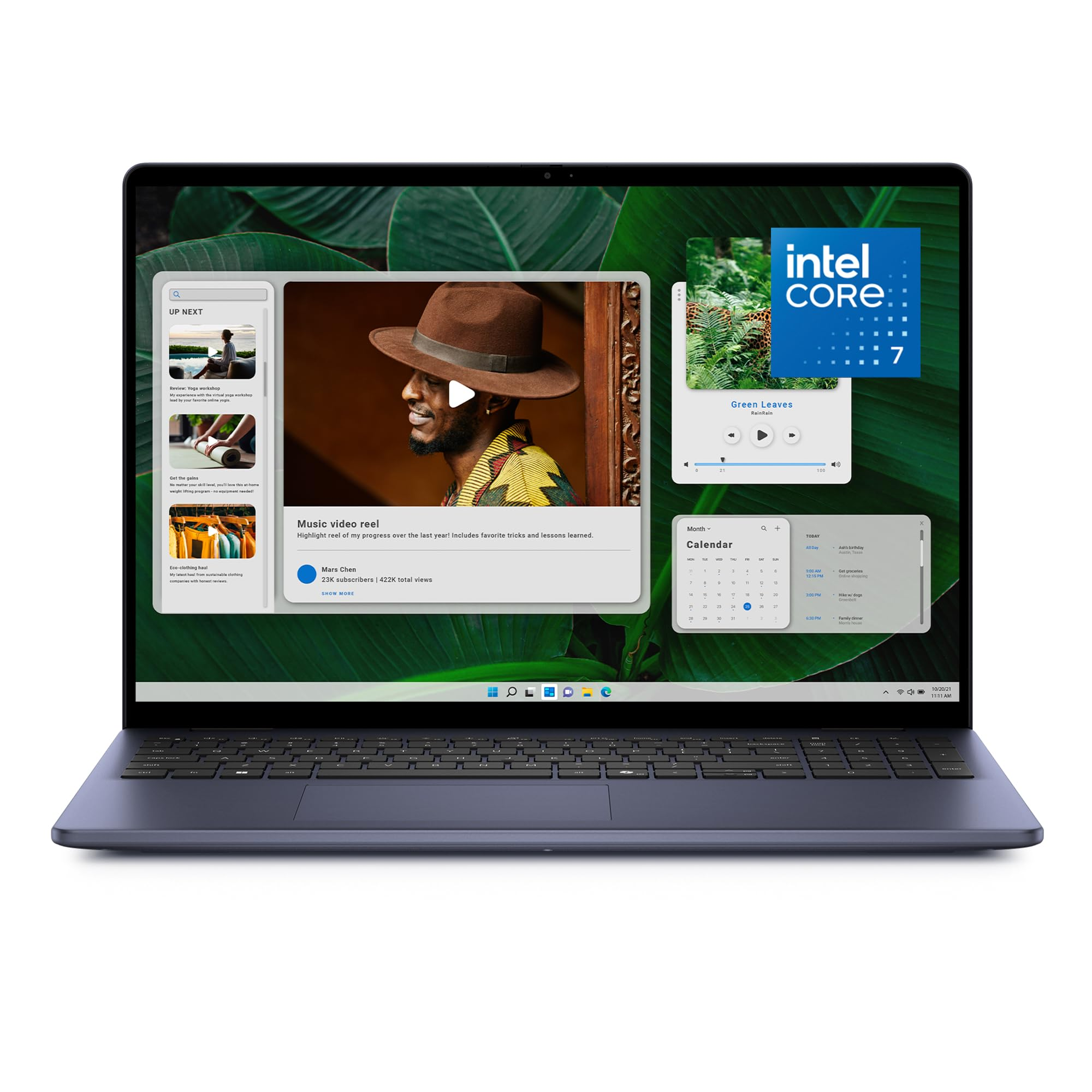 Laptop wyświetlający filmy, kalendarz i grafikę Intel Core i7 na ekranie.
