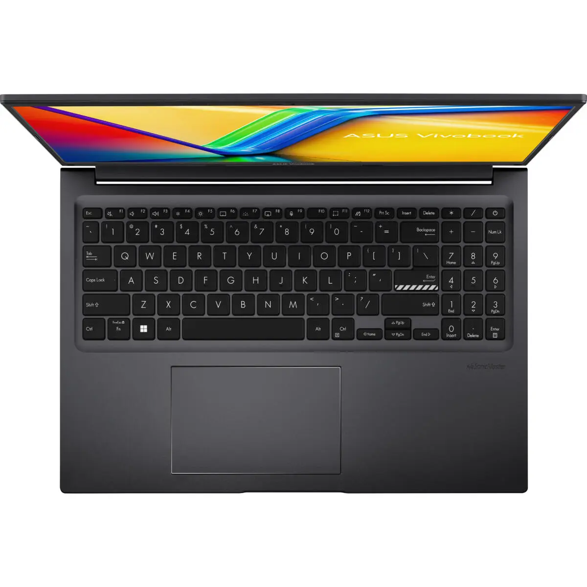 Otwarty czarny laptop ASUS Vivobook z kolorową tapetą.