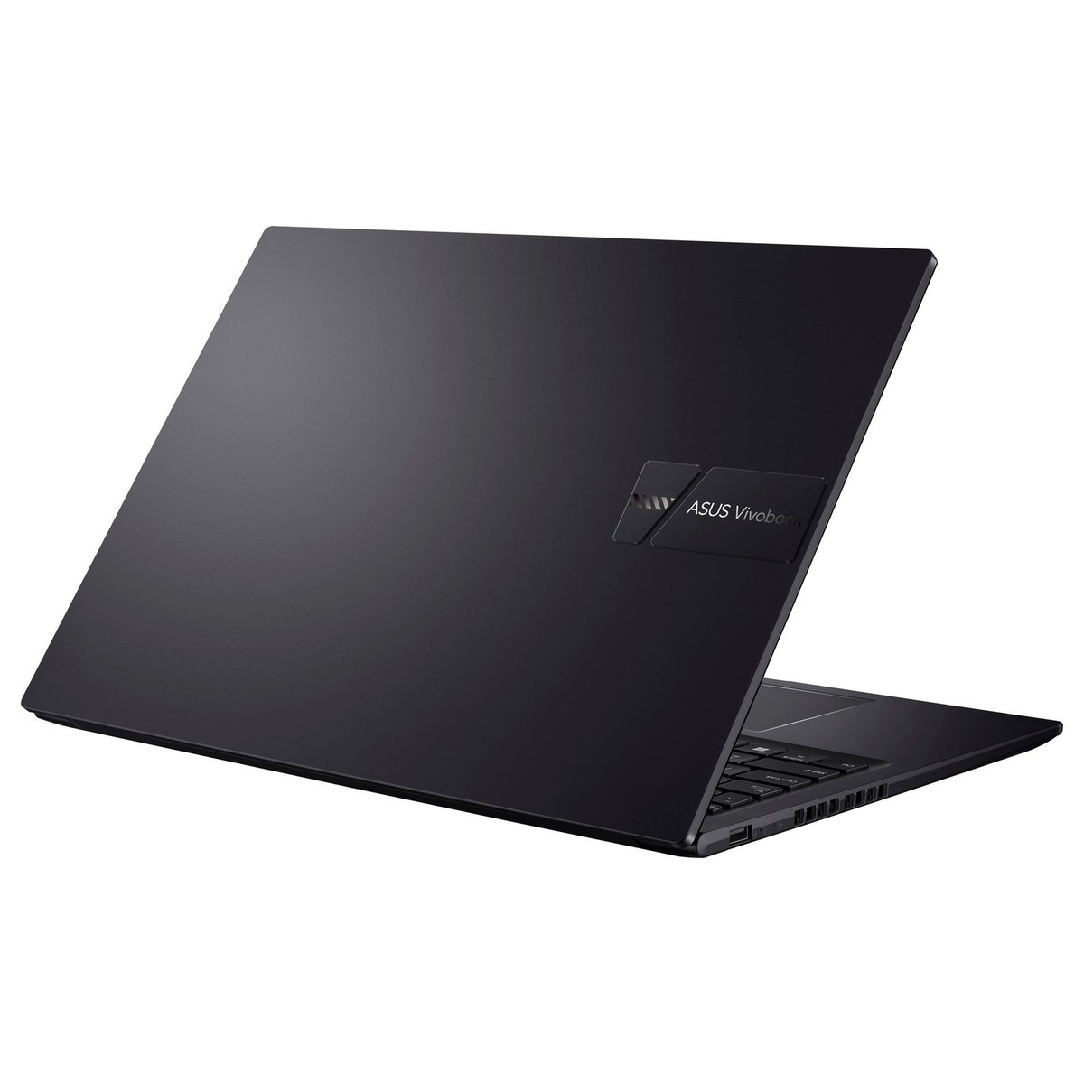 Czarny laptop Asus Vivobook, częściowo otwarty, na białym tle.