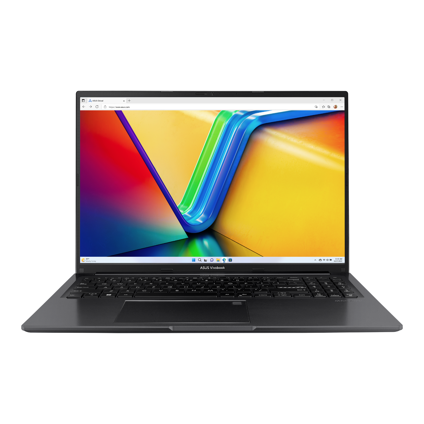 Ciemny laptop ASUS Vivobook z kolorową tapetą.
