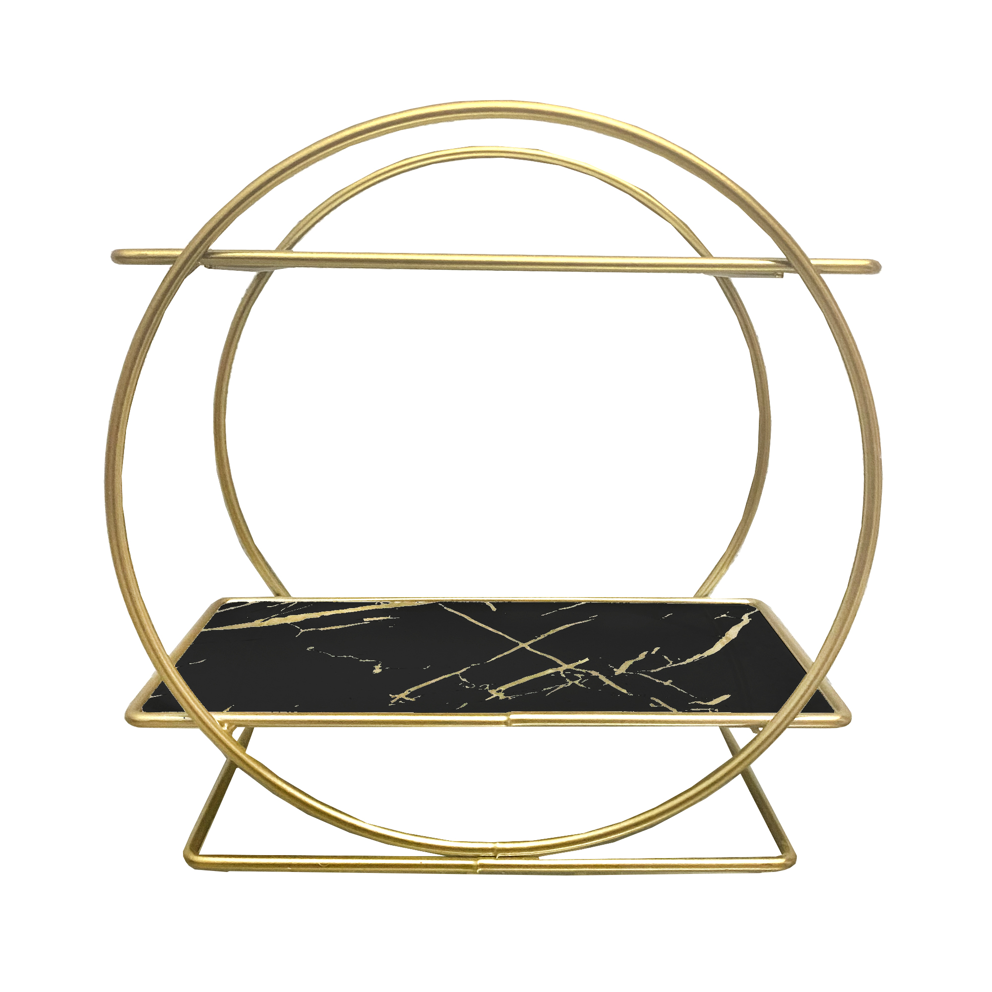Soporte dorado con estante de mármol negro, diseño geométrico.