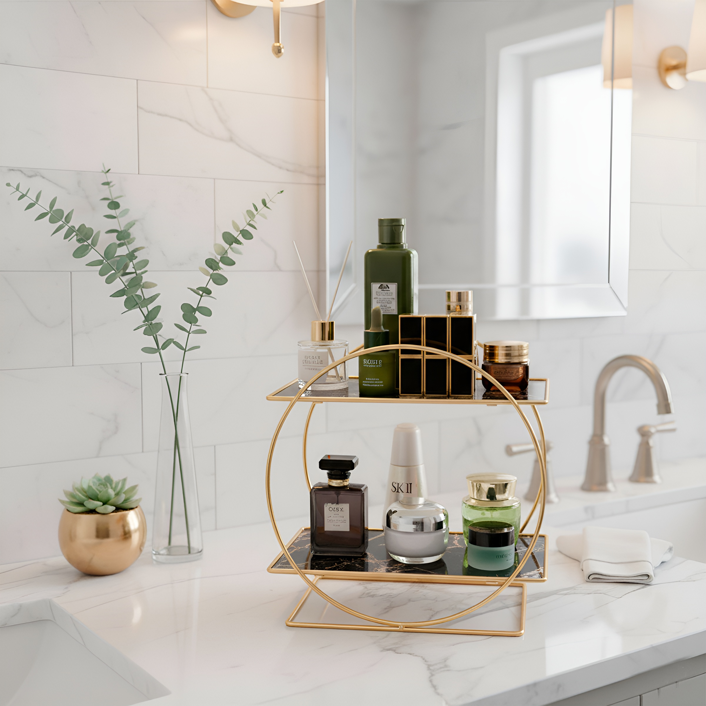 Un estante decorativo con productos de belleza sobre una encimera de mármol.