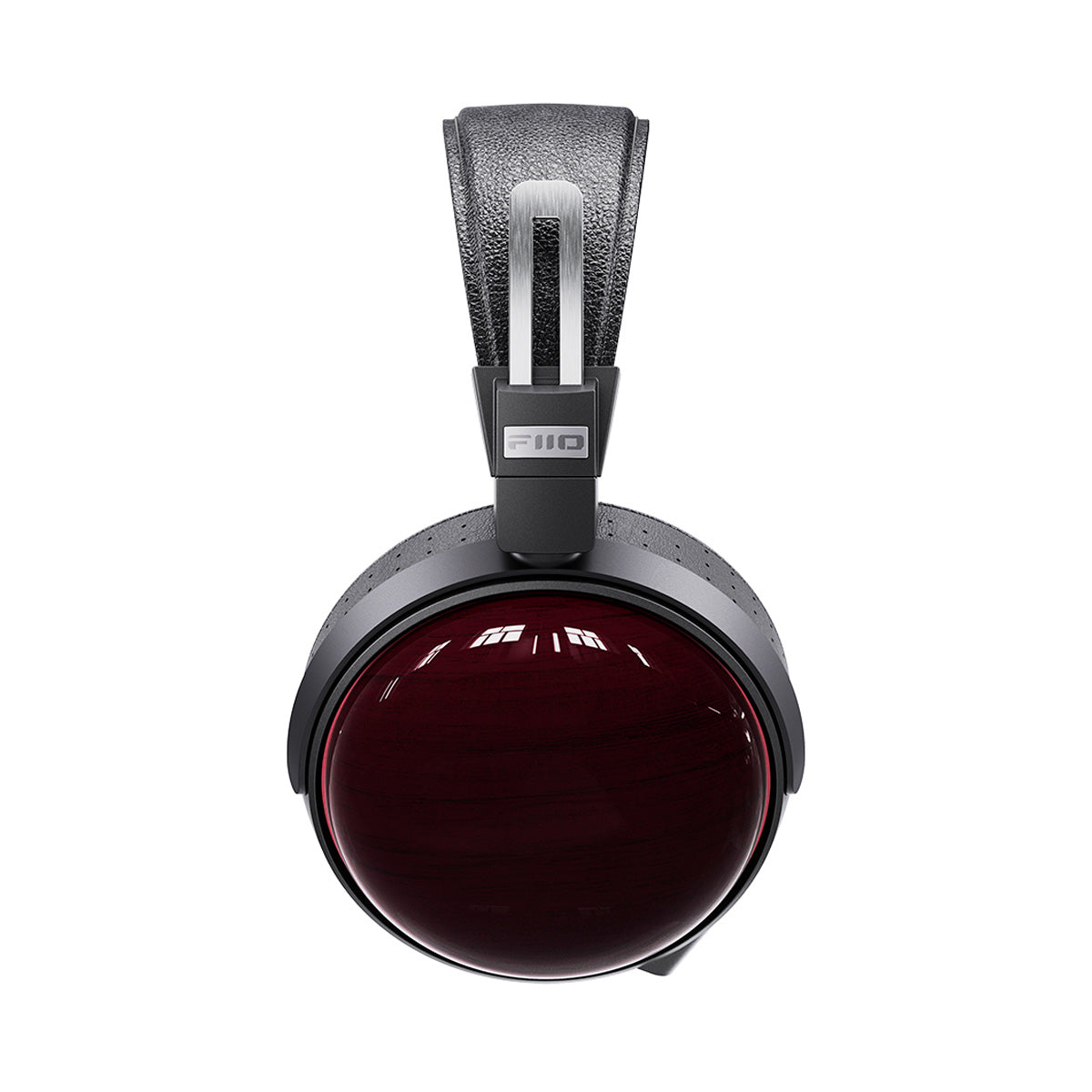 Cuffie nere con padiglioni rosso scuro lucidi e archetto argentato.