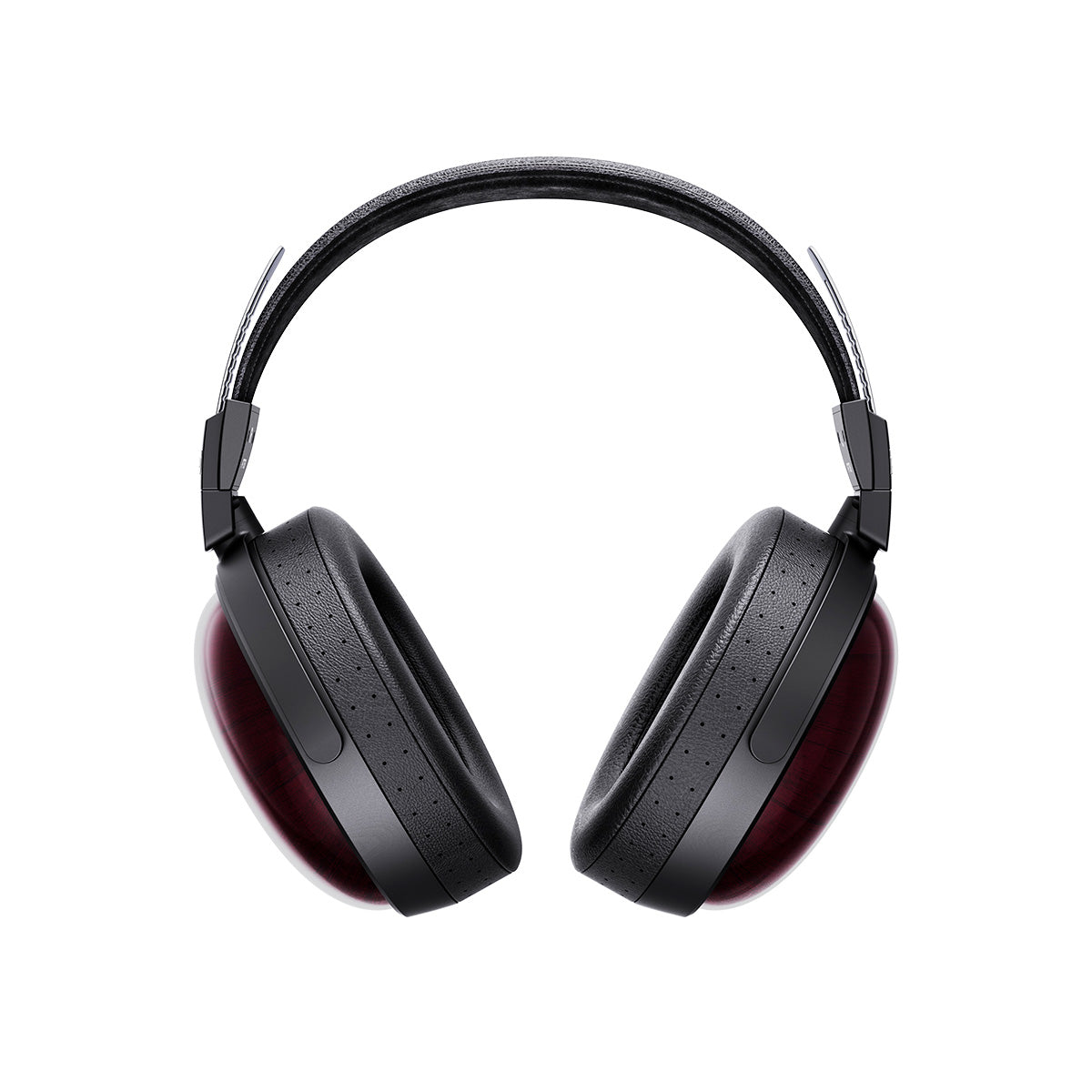 Cuffie nere over-ear con accenti in legno scuro e padiglioni imbottiti.