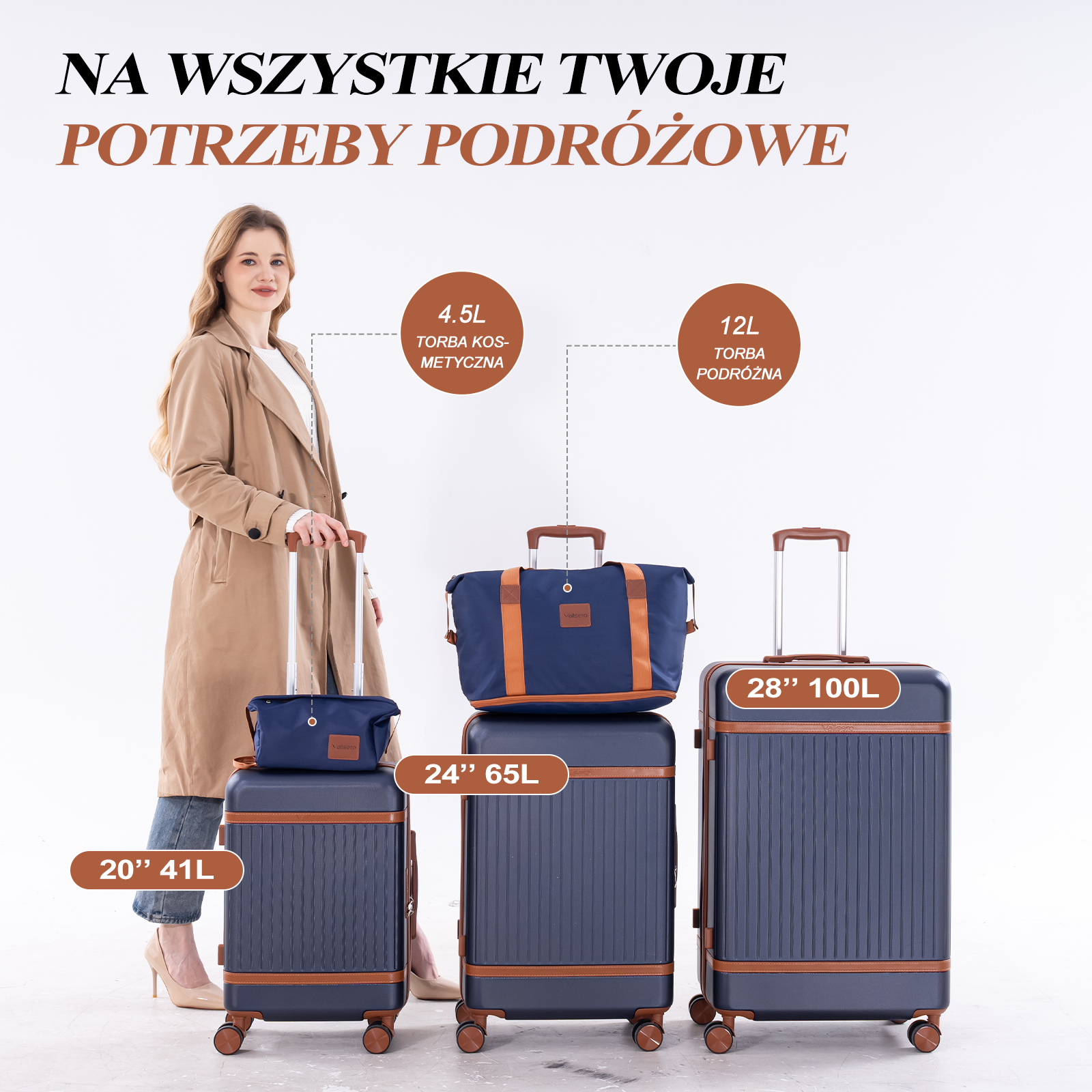 Kobieta stoi obok granatowych walizek i torby podróżnej z brązowymi detalami.