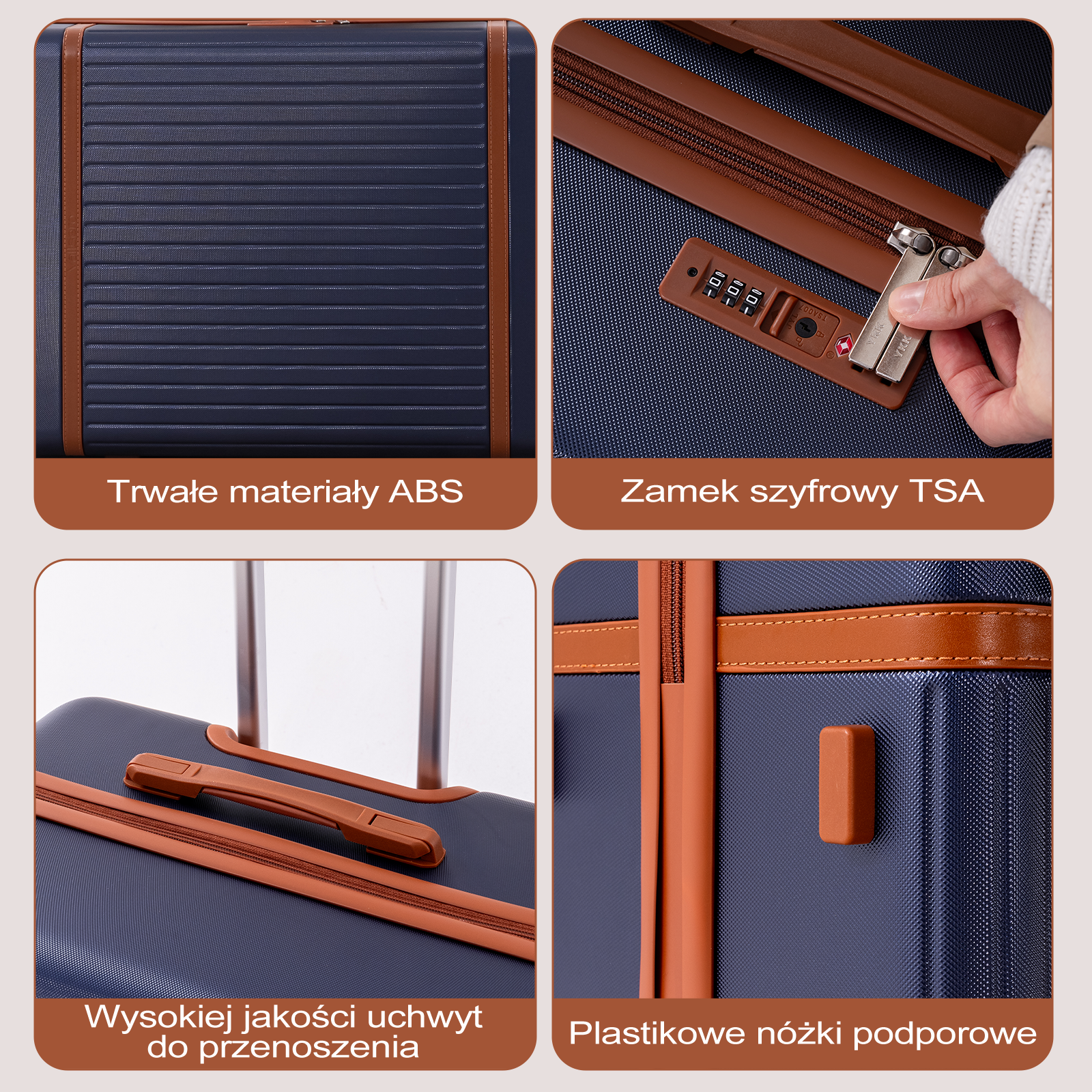 Granatowa walizka z brązowymi akcentami, zamkiem TSA, uchwytem i nóżkami.