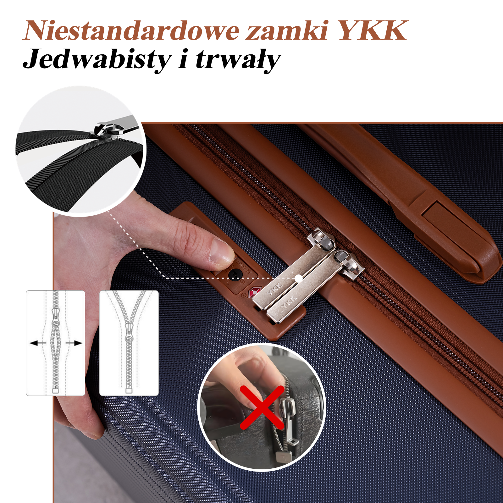 Zbliżenie brązowego zamka błyskawicznego ze skóry z dwoma suwakami YKK na niebieskiej walizce.