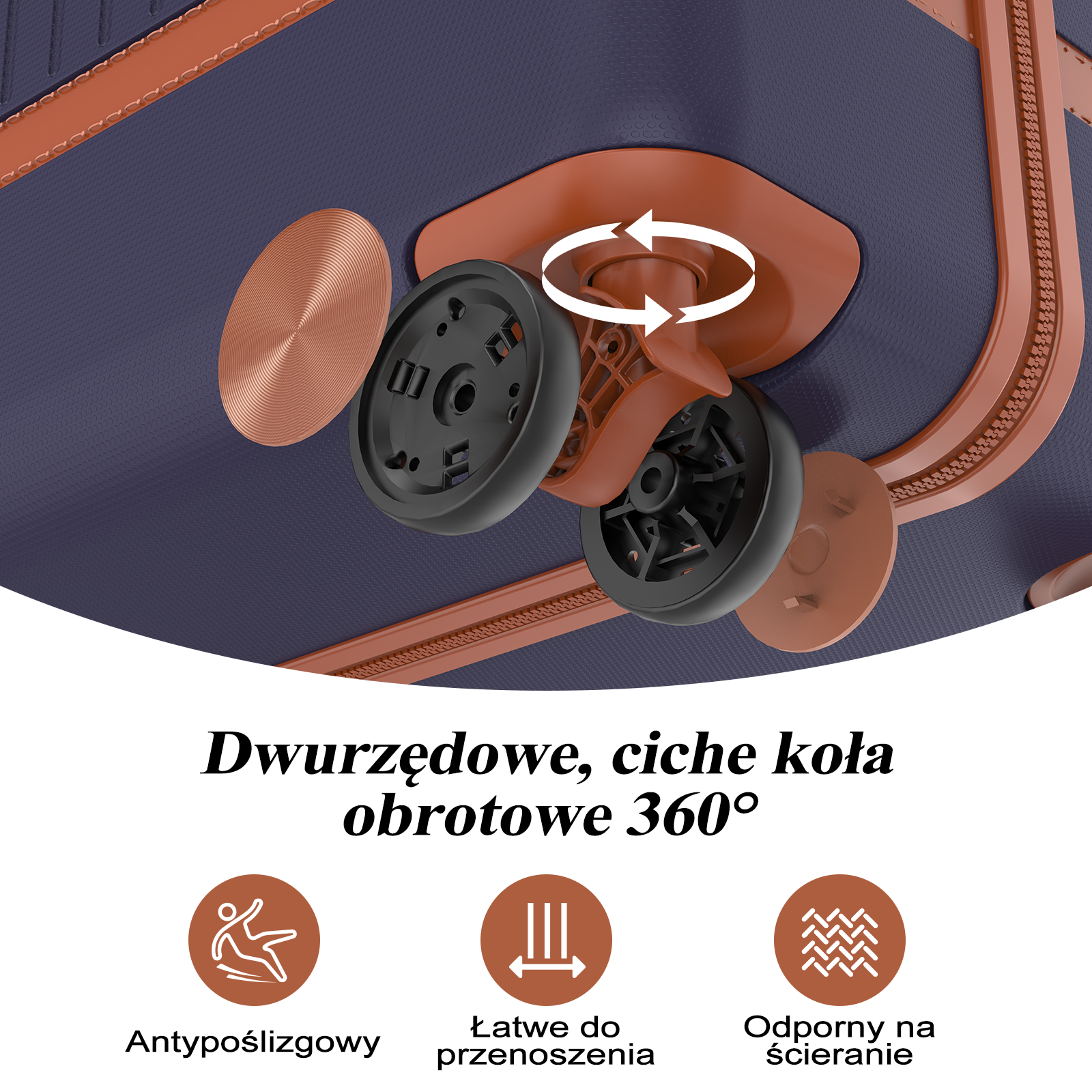 Granatowa walizka z brązowymi detalami i obrotowymi kołami 360°.