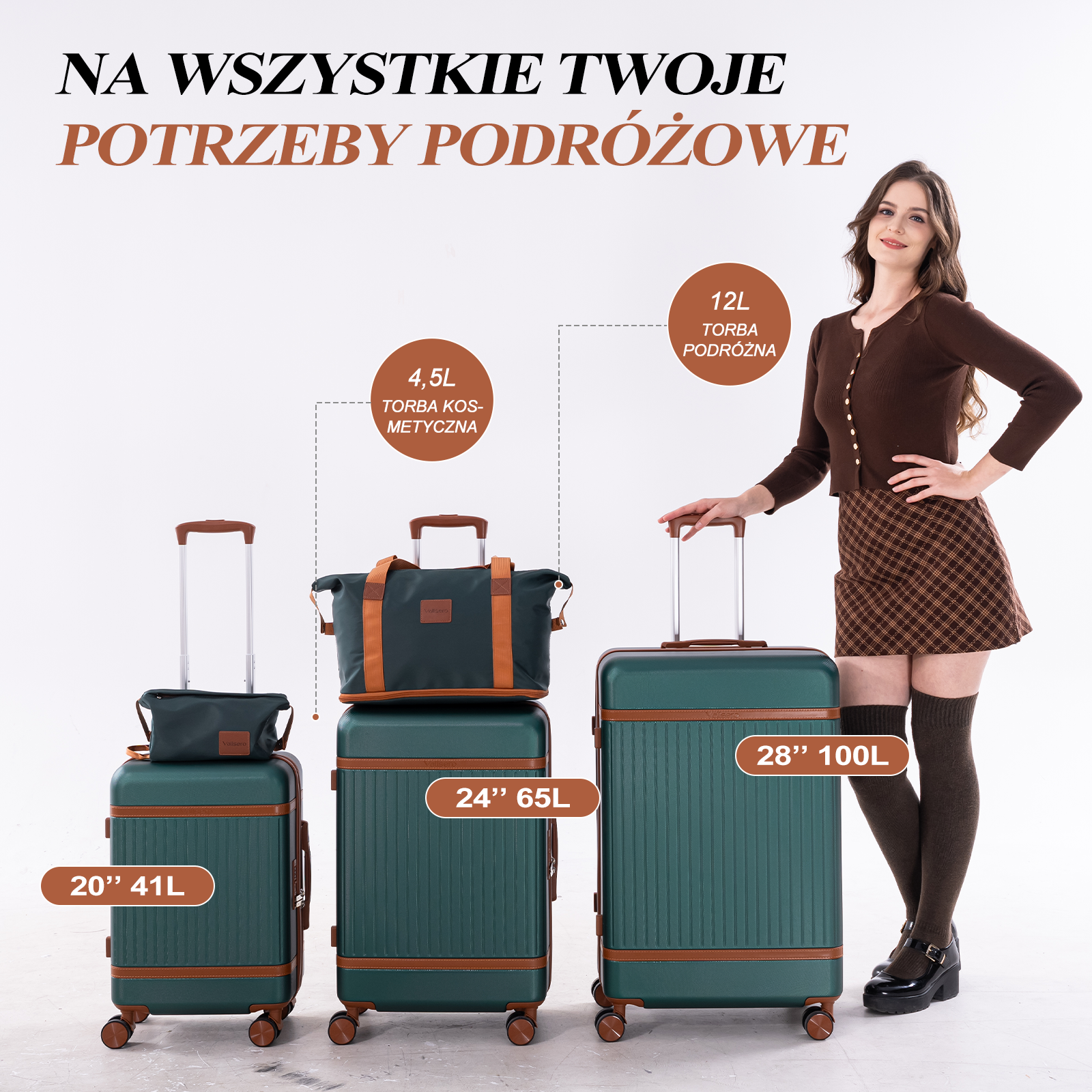 Kobieta stoi obok trzech zielonych walizek i torby podróżnej.