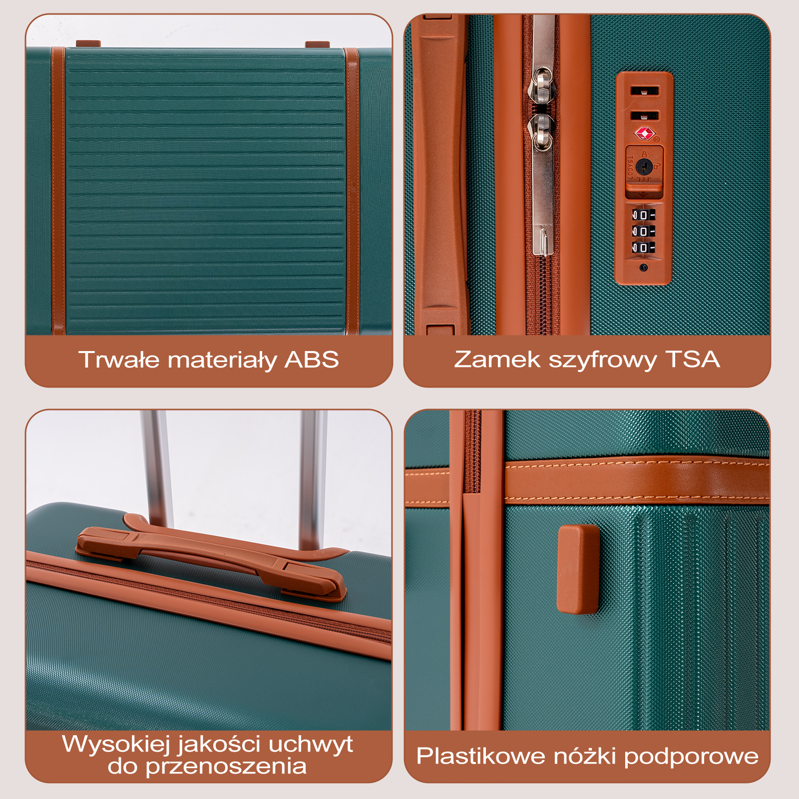 Kolaż pokazuje detale zielonej walizki z brązowymi akcentami: materiał, zamek i uchwyt.