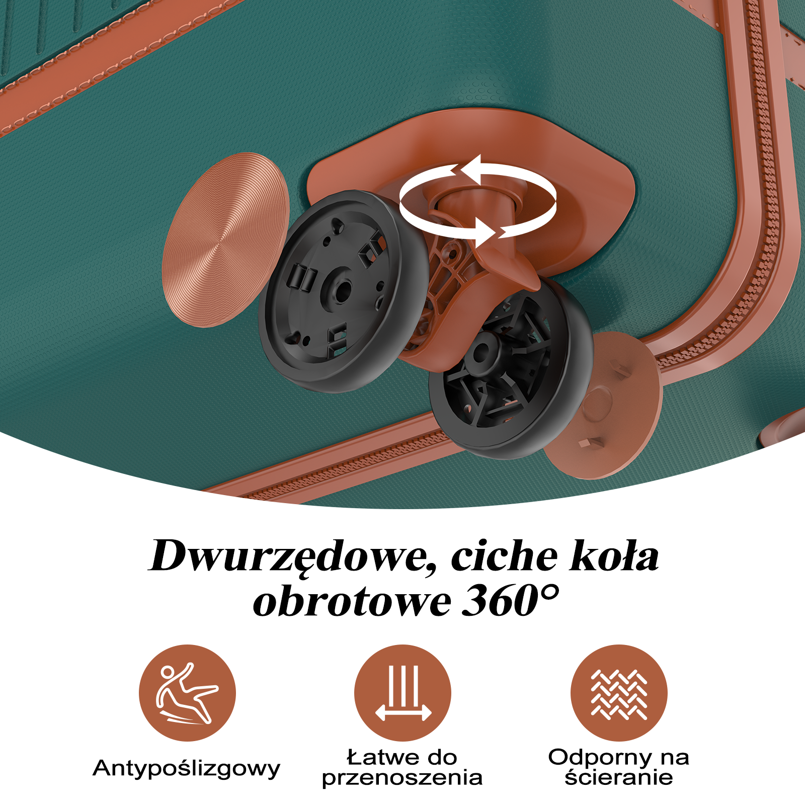 Zbliżenie obrotowych kół walizki 360 stopni na zielonym tle.
