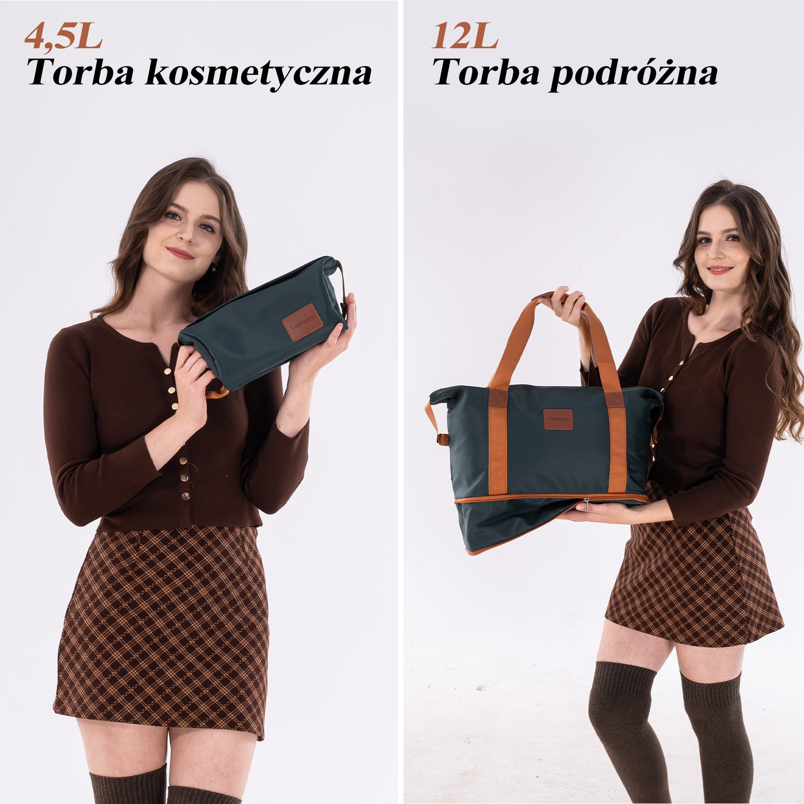 Kobieta w brązowym swetrze i spódnicy w kratę trzyma ciemnozieloną kosmetyczkę i większą torbę podróżną.